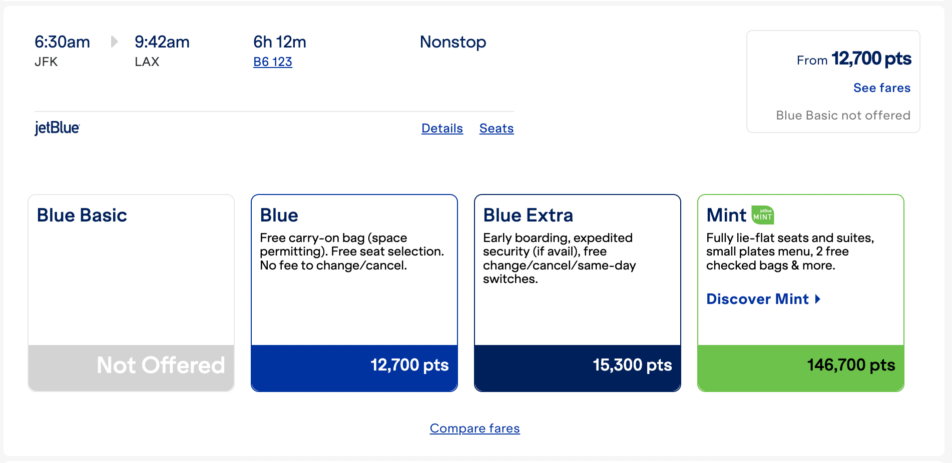 JetBlue fares on booking page