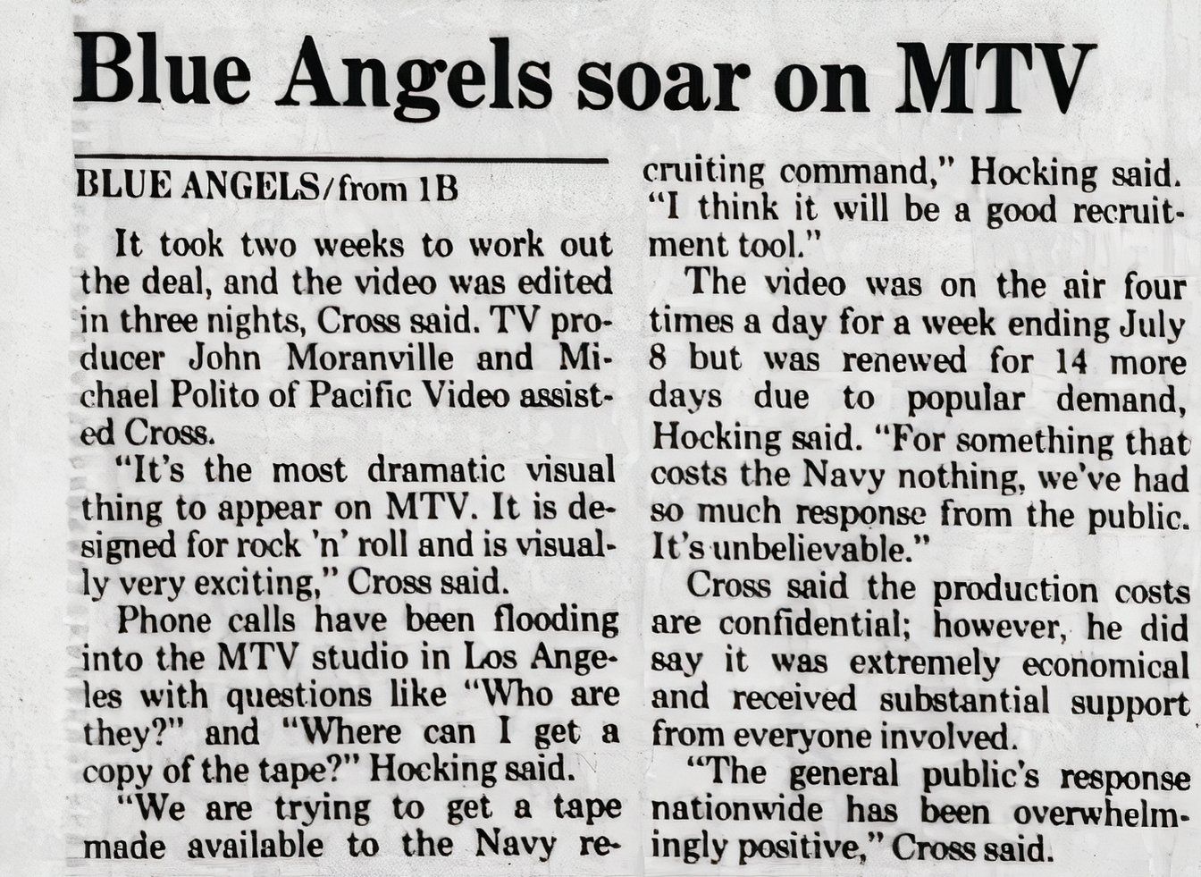 Photo of a 1986 newspaper article about Van Halen's "Dreams" Video with the Blue Angels