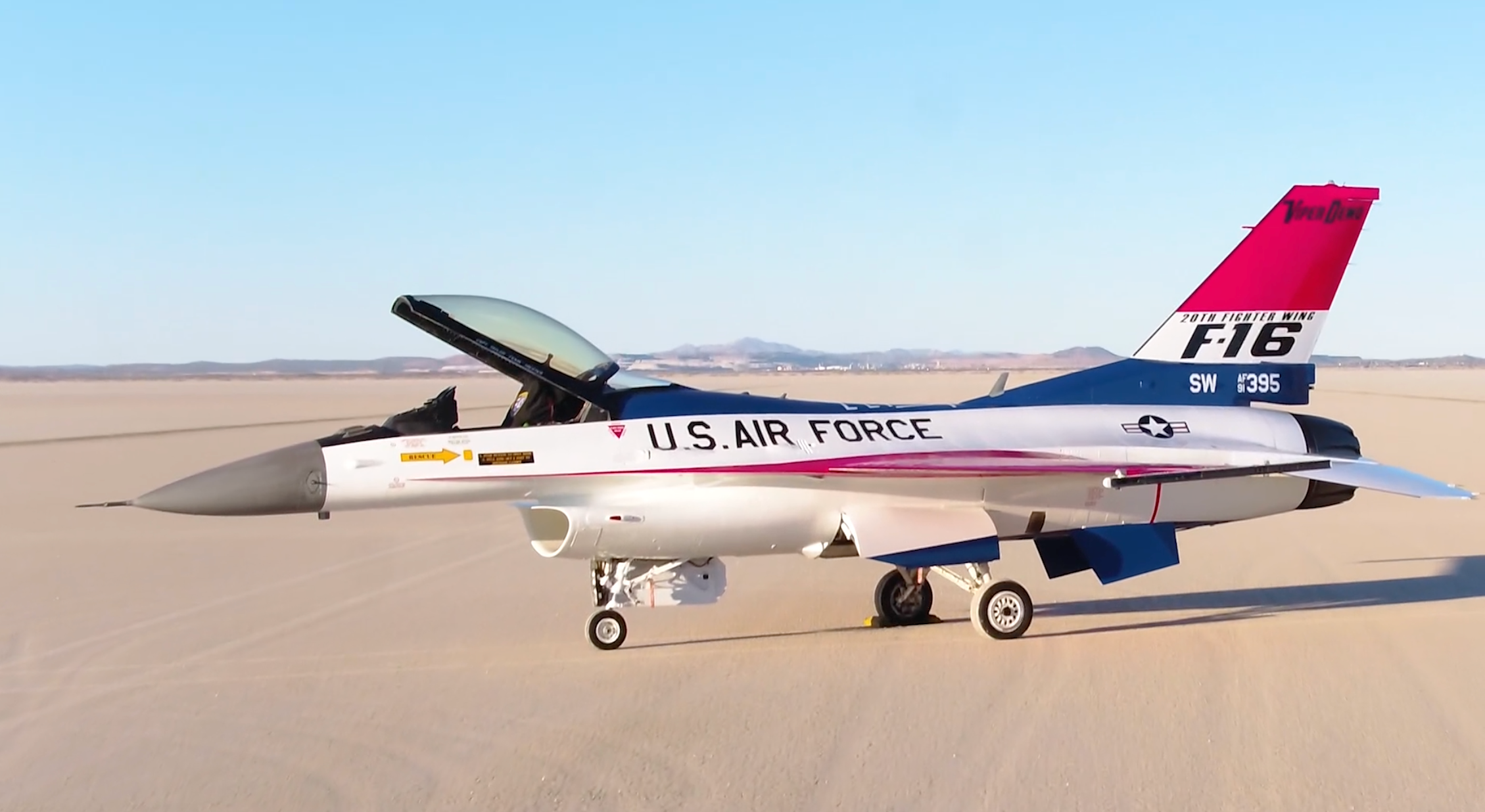 Photo of an F-16 featuring the 50th anniversary paint scheme