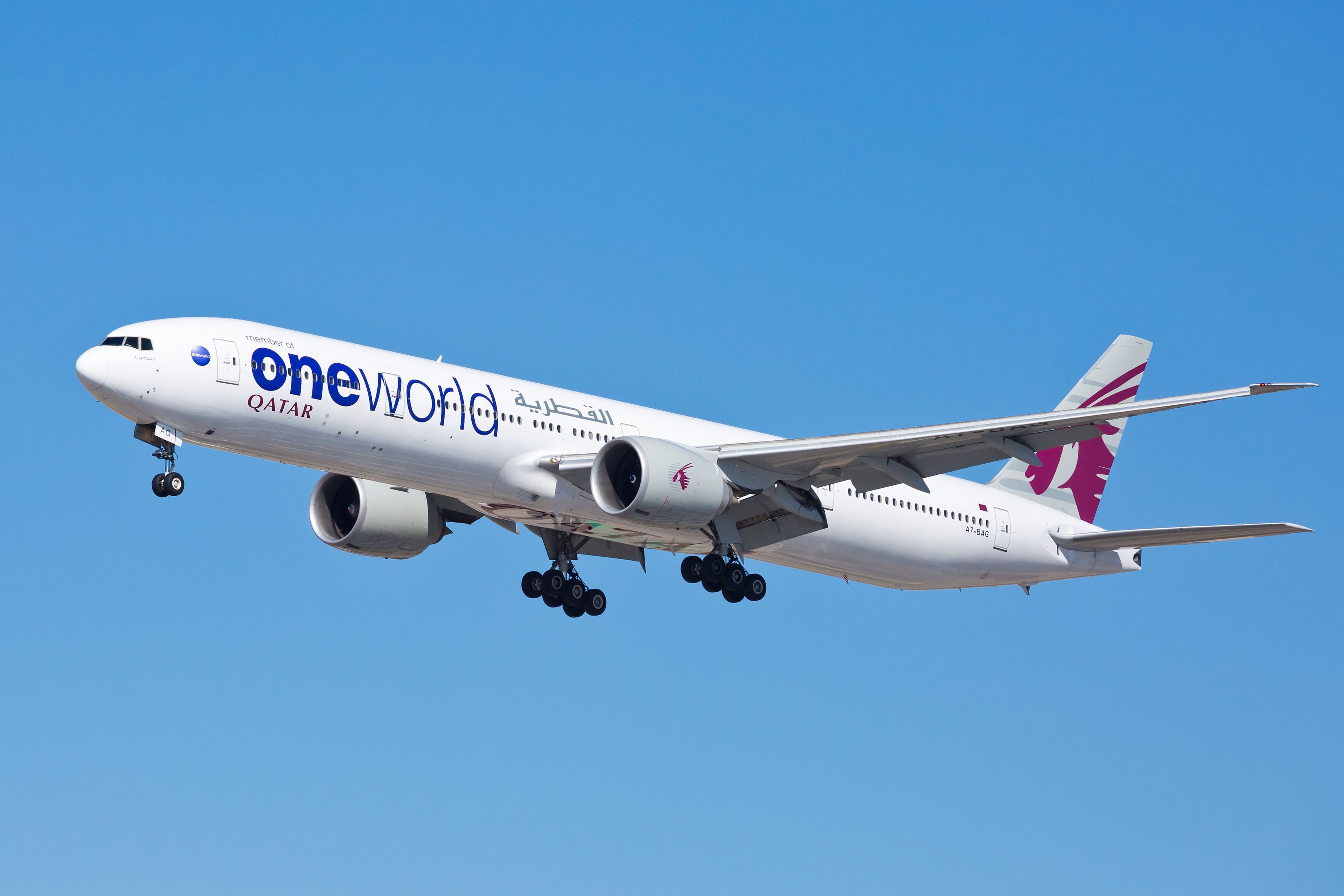  A Boeing 777-300ER aircraft of Qatar Airways displaying the oneworld Alliance livery landing 