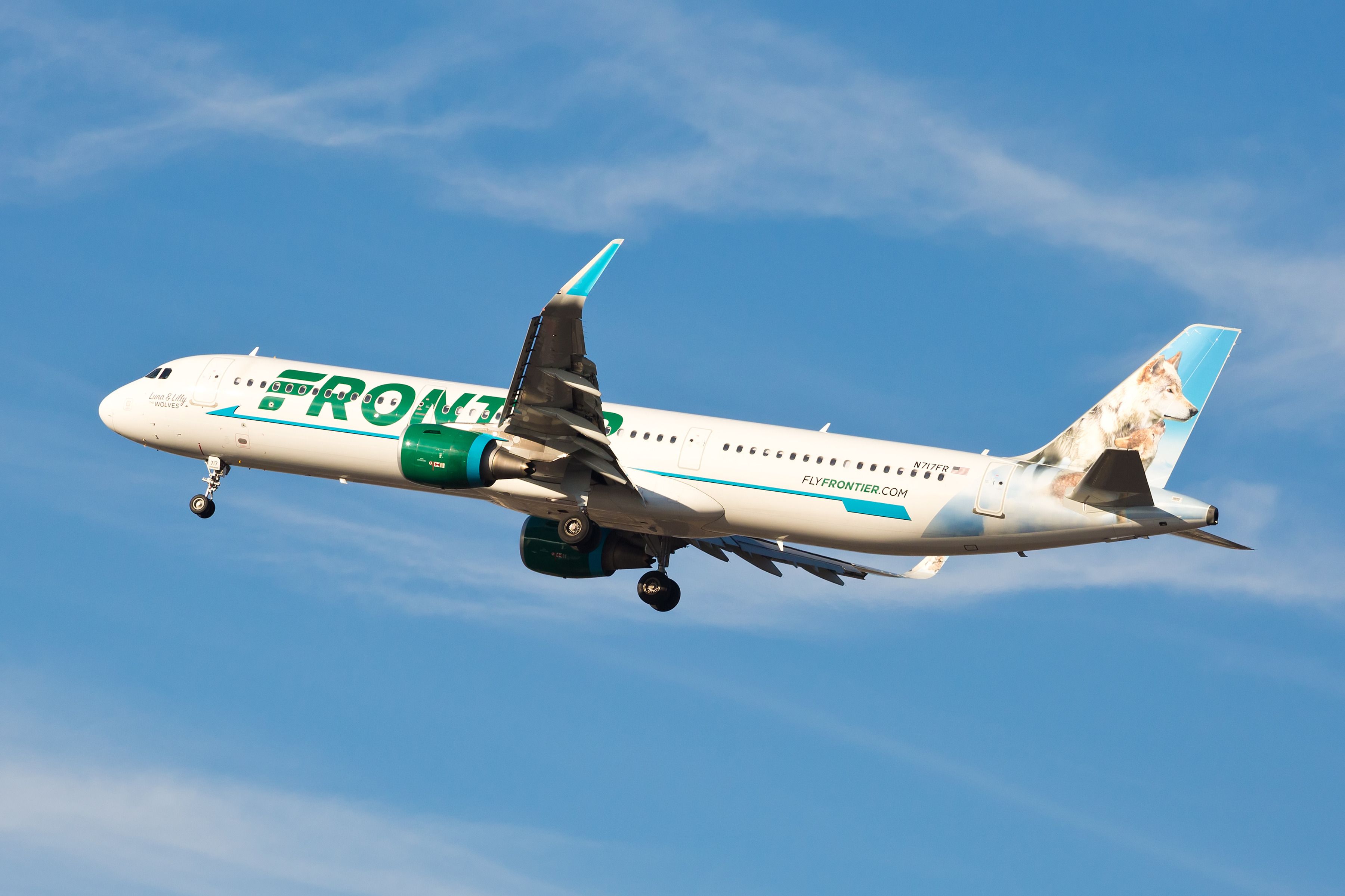 Frontier Airlines Airbus A321 with the Luna and Lilly Wolf livery approaching O'Hare International Airport.