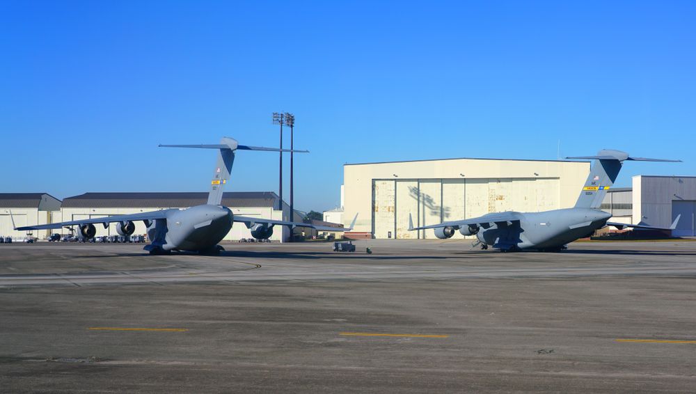 View of C-17 Globemaster military aircraft at the Joint Base Charleston military facility in Charleston