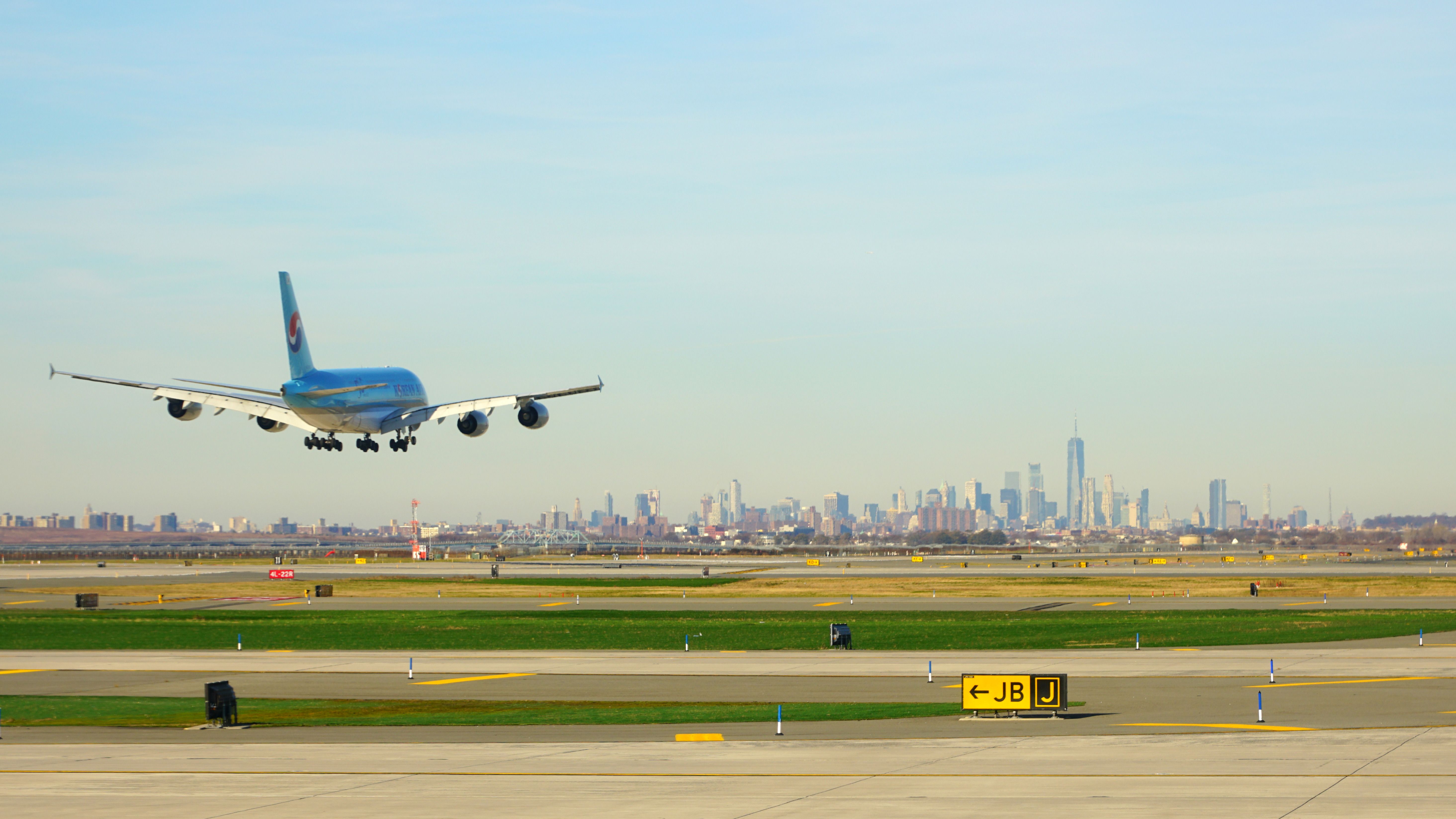 A Korean Air Airbus A380 lands at New York JFK Airport