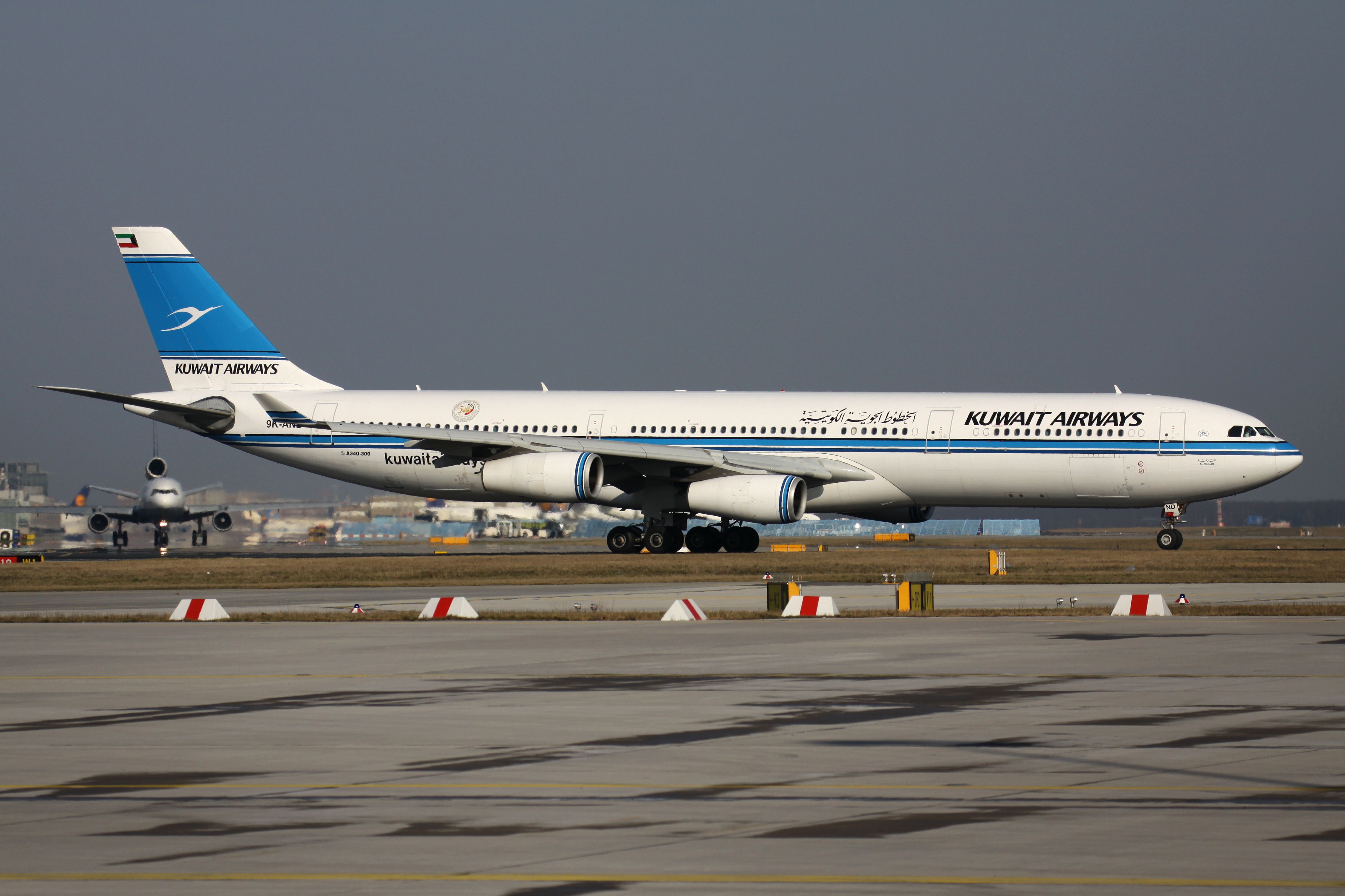 A Kuwait Airways Airbus A340 taxiing at FRA airport