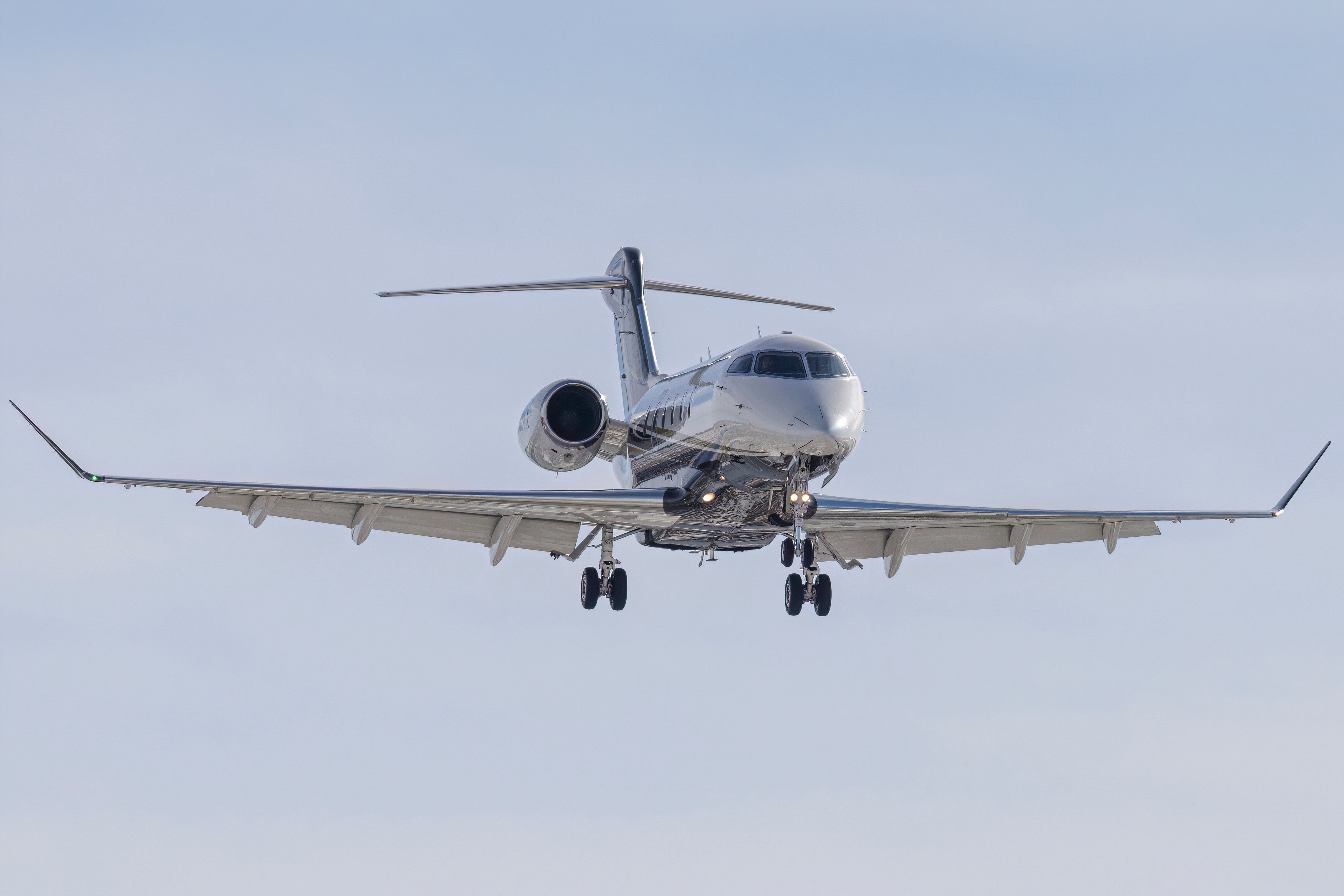 A Bombardier Challenger 300 comes in for a landing at the Centennial Airport.