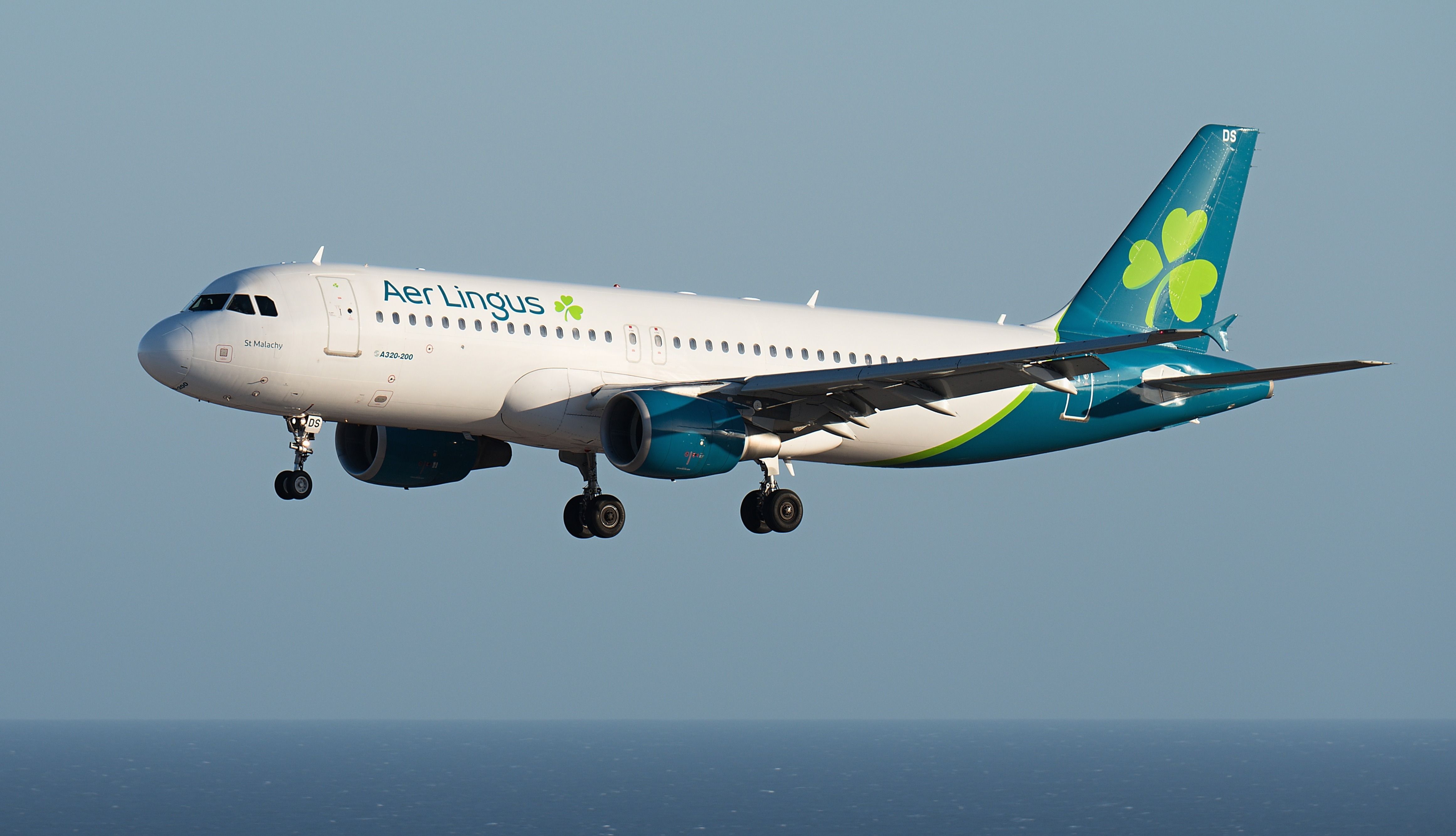     Aer Lingus' Airbus A320-200 flies into the blue sky and lands over the sea at Tenerife Airport