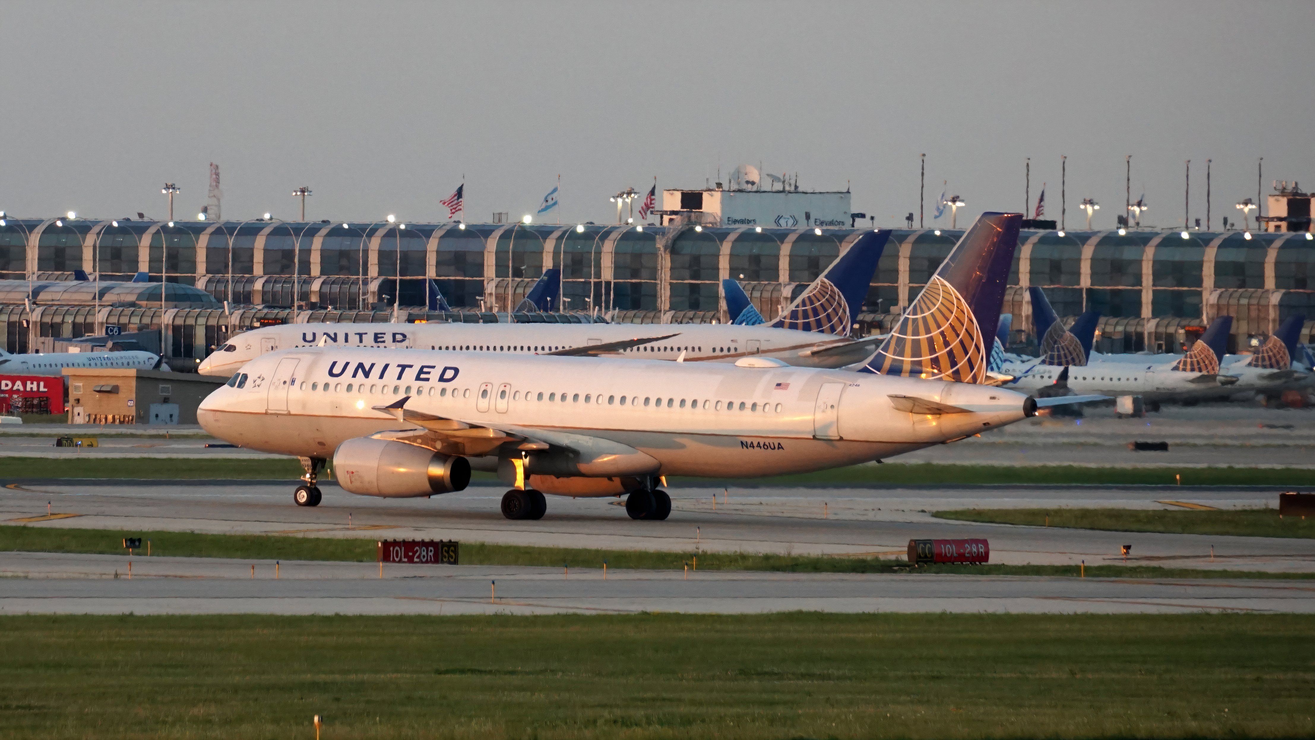 United Airlines Boeing 787 Dreamliner taxies on the runway after landing at Chicago O'Hare International Airport.