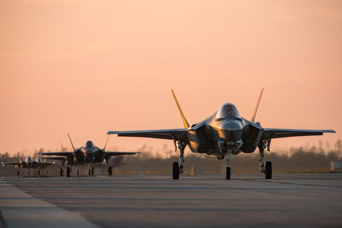 F-35A Lightning IIs line up before takeoff