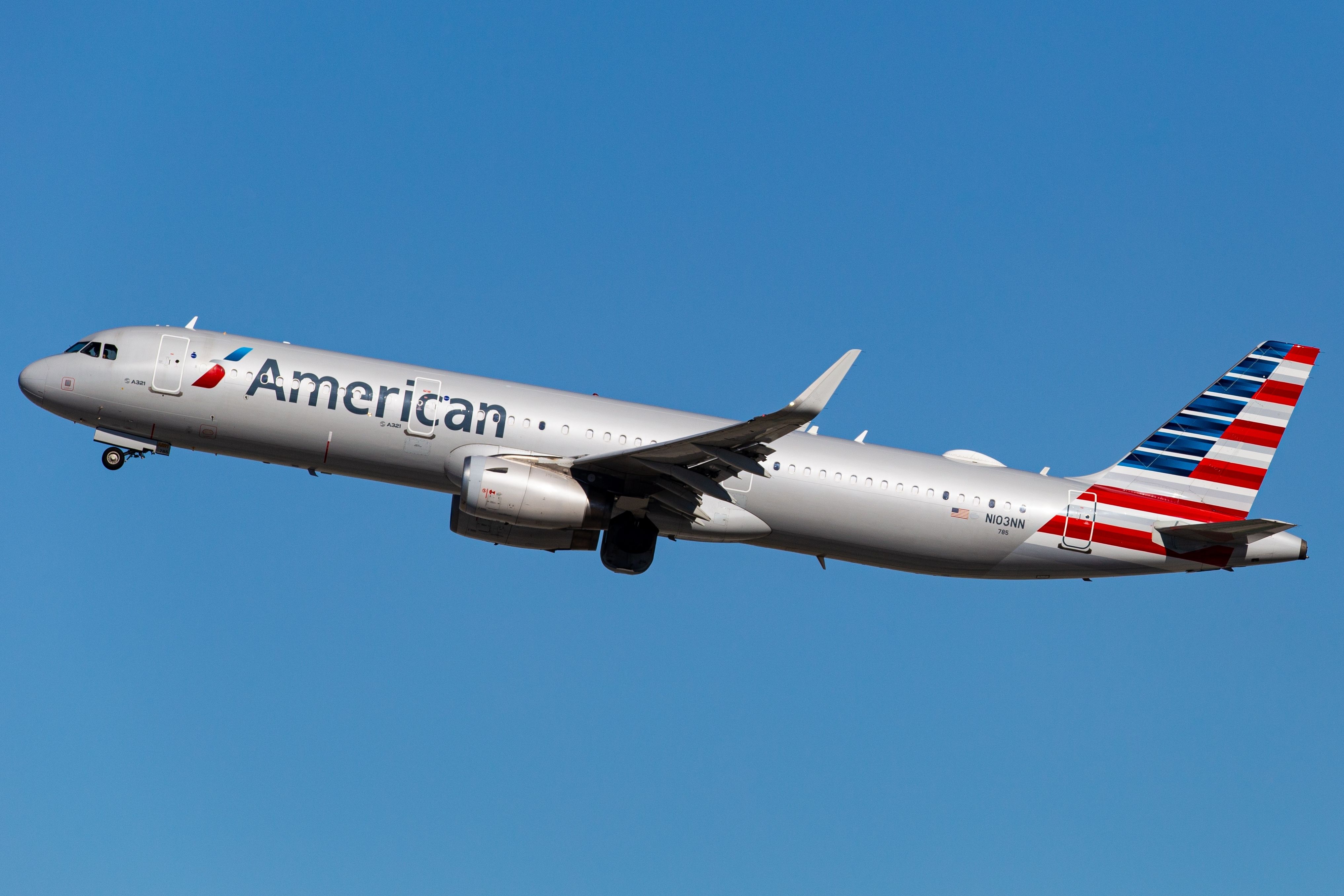 American Airlines Airbus A321T N103NN departing from Los Angeles International Airport.