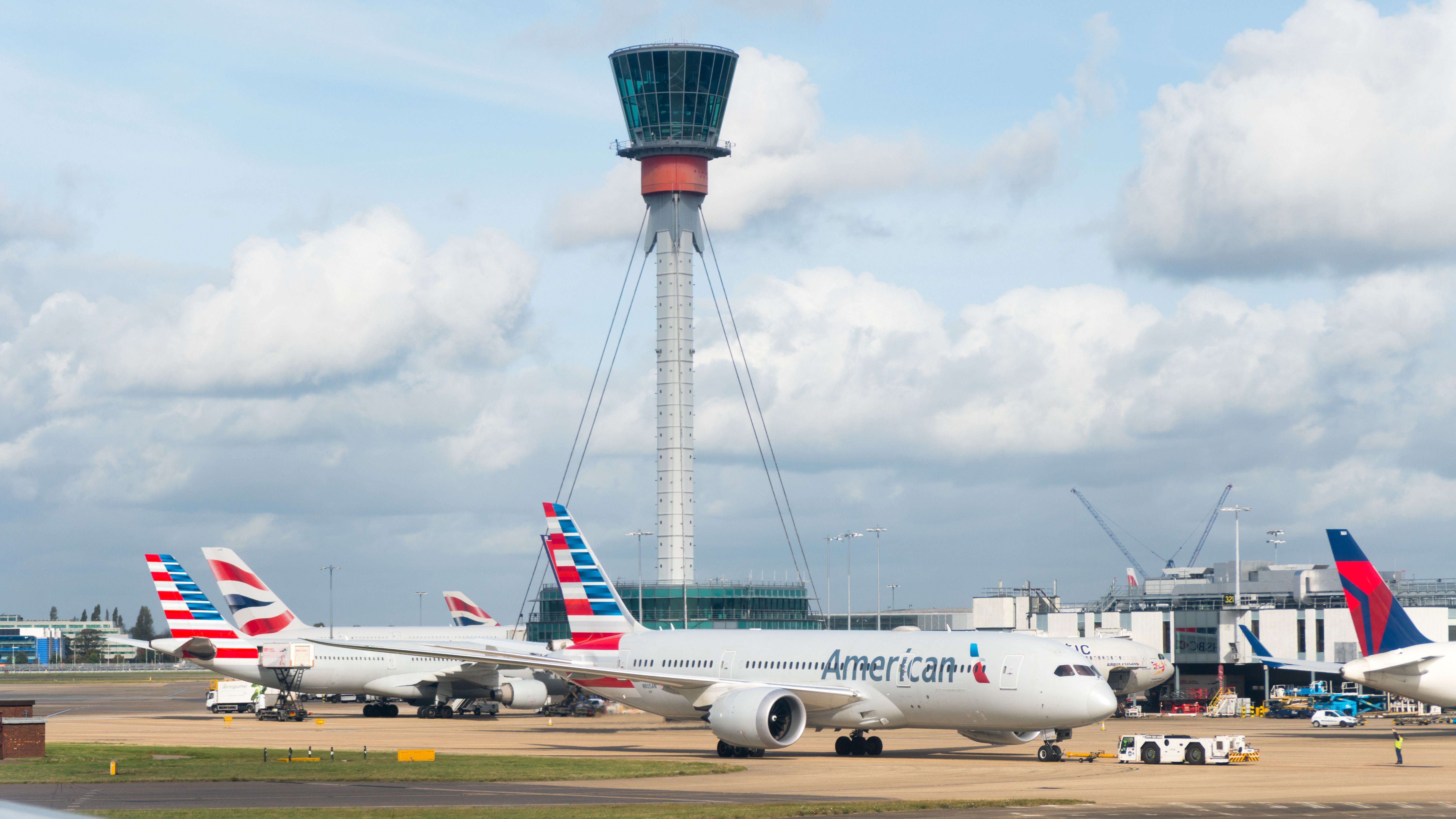 American Airlines, British Airways and Delta Air Lines planes at London Heathrow Airport LHR in the United Kingdom