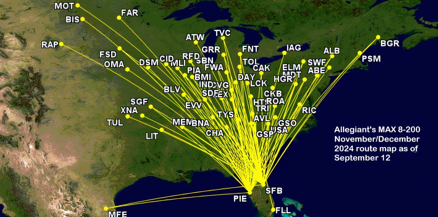 Allegiant's Nov Dec 2024 737 MAX 8-200 route map