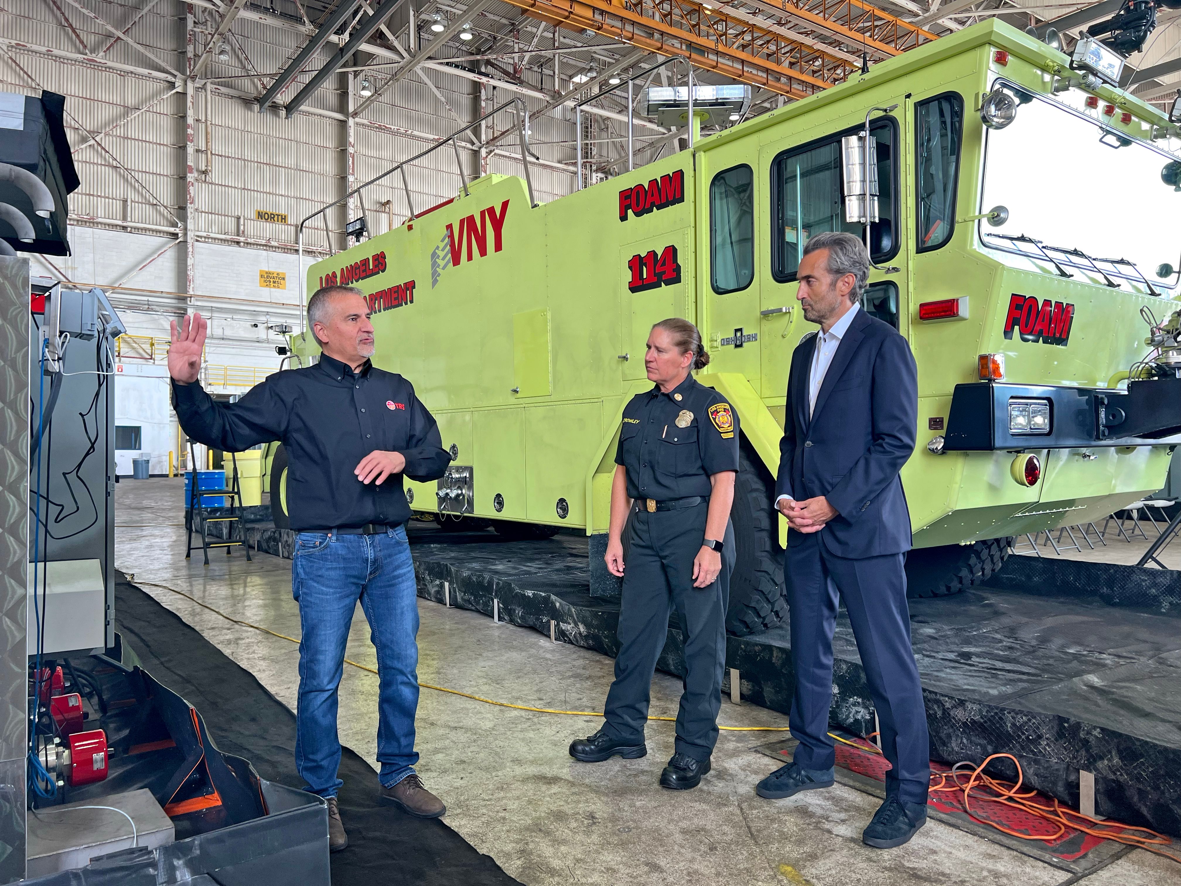 An aircraft rescue firefighting response (ARFF) truck completes rinsing and transition from Aqueous Film Forming Foam (AFFF) to Fluorine-Free Foam (F3) at Los Angeles International Airport