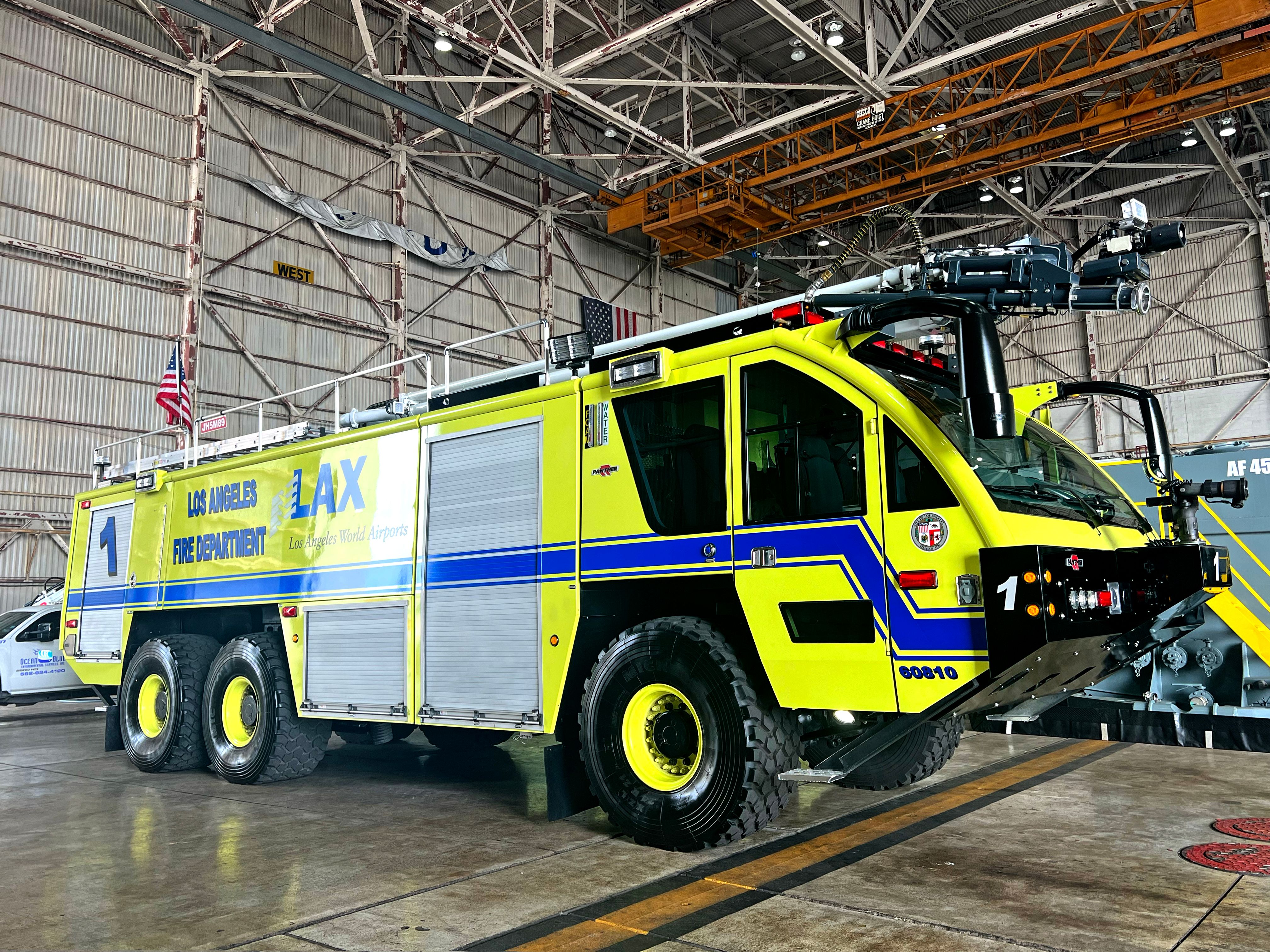 An aircraft rescue firefighting response (ARFF) truck completes rinsing and transition from Aqueous Film Forming Foam (AFFF) to Fluorine-Free Foam (F3) at Los Angeles International Airport