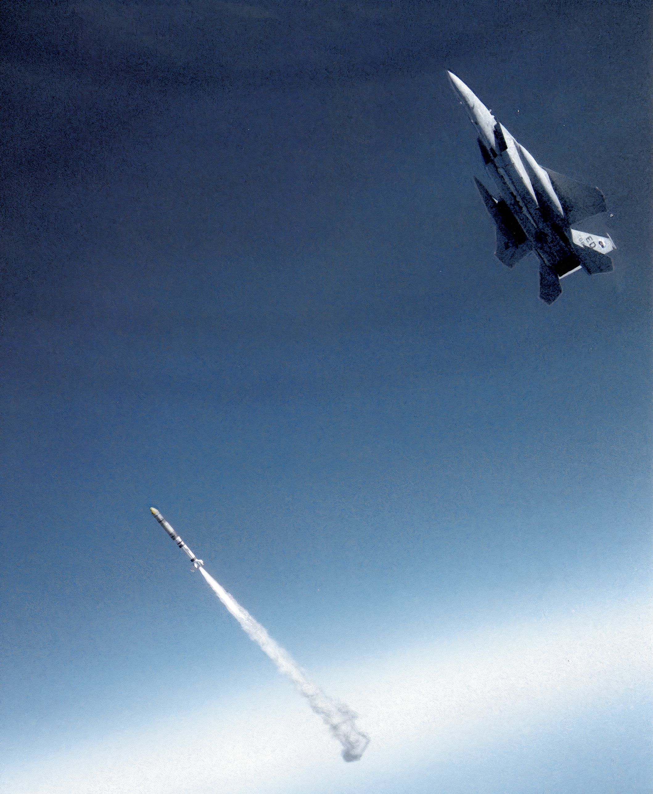 Photo of the ASM-135 with the rocket motor firing.