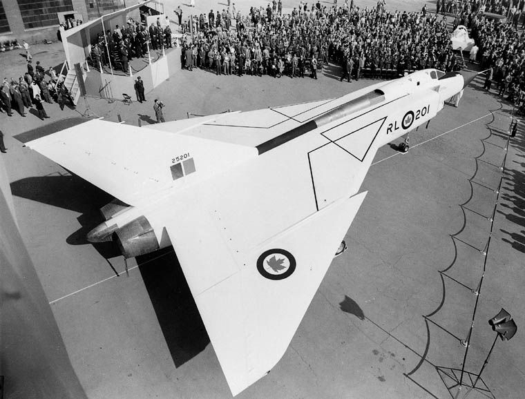 first Avro Arrow, RL-201, is officially rolled out on 4 October 1957