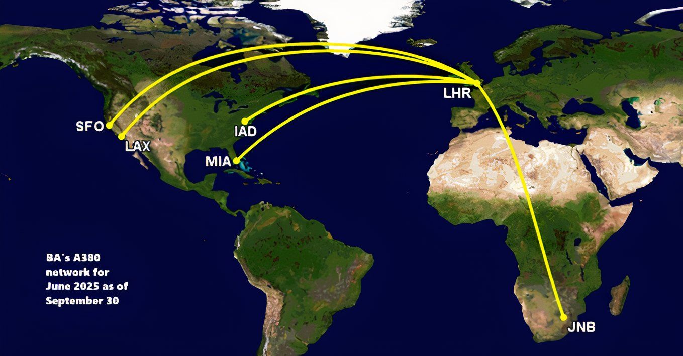 BA's June 2025 A380 network