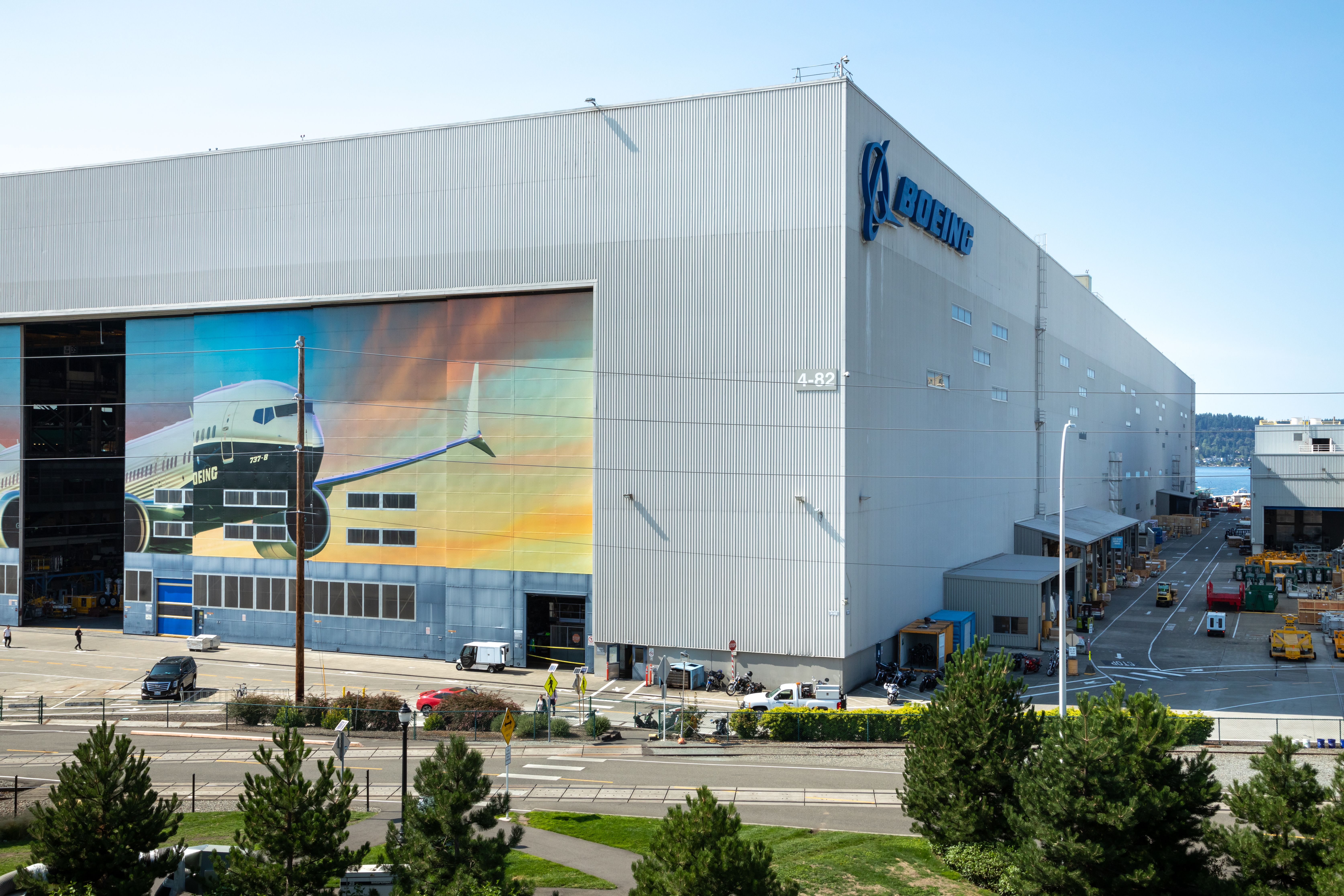 Boeing 737 MAX on Boeing's building in Renton, Washington shutterstock_1469203526