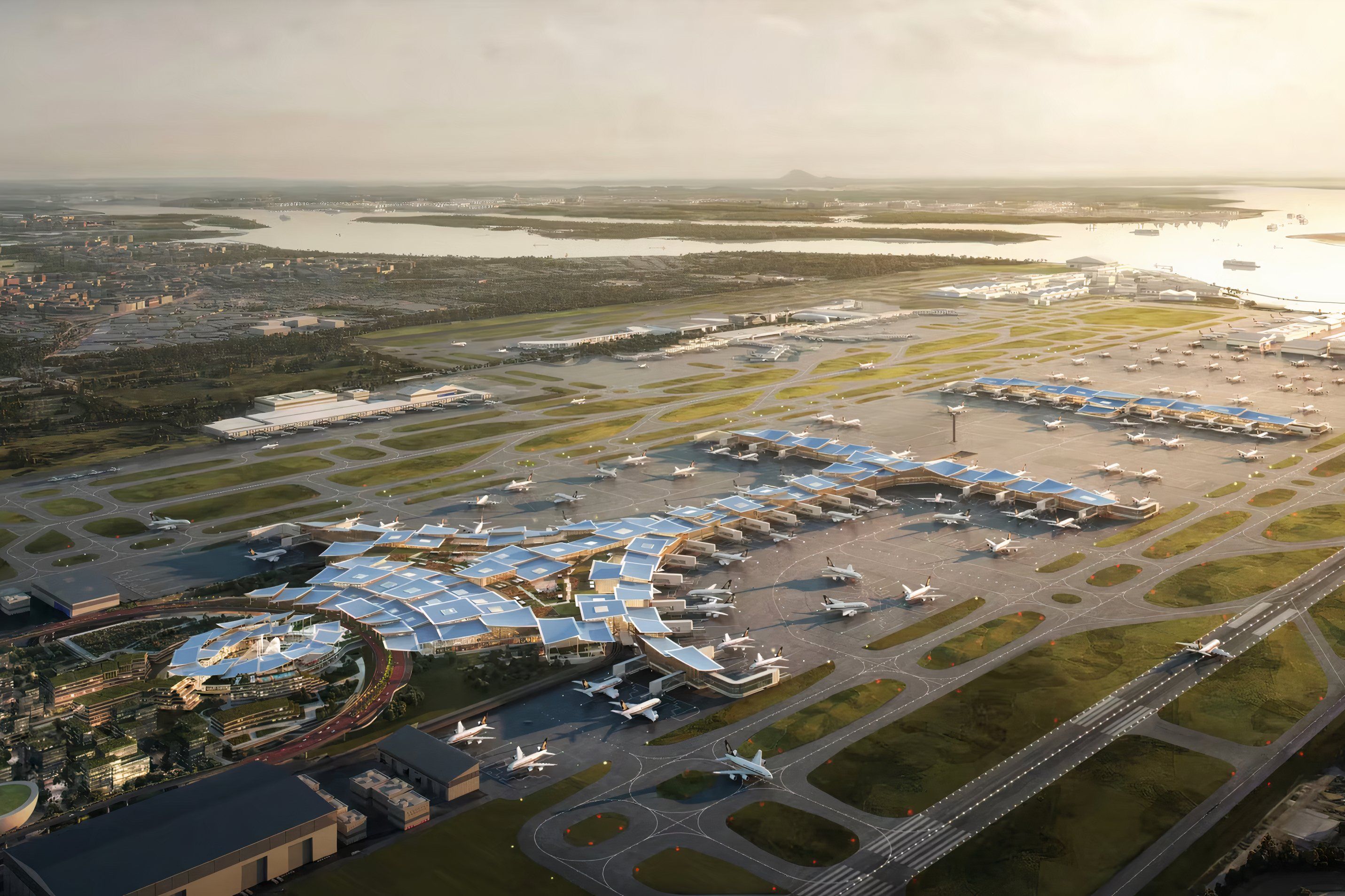 An aerial panoramic view of the entire Singapore Changi Airport