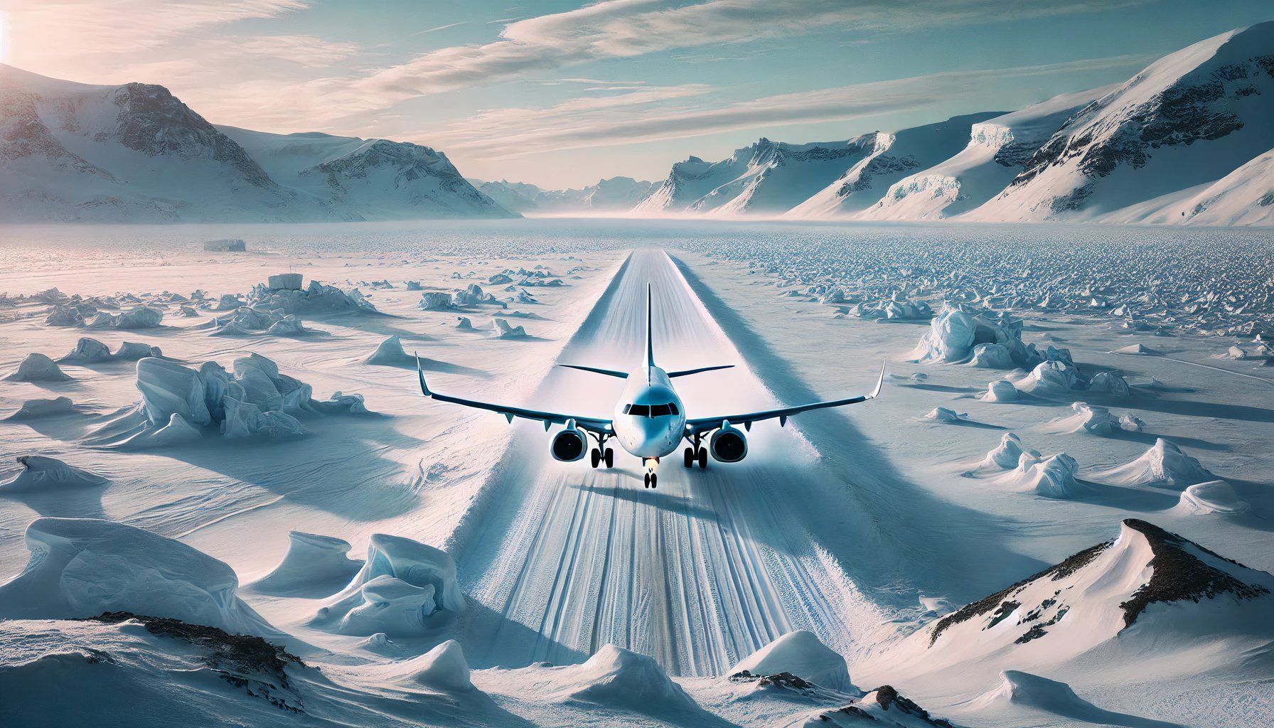 DALL·E 2024-09-08 18.18.37 - A dramatic scene of a white airplane landing at the North Pole. The plane is touching down on a snowy runway surrounded by vast stretches of snow and 