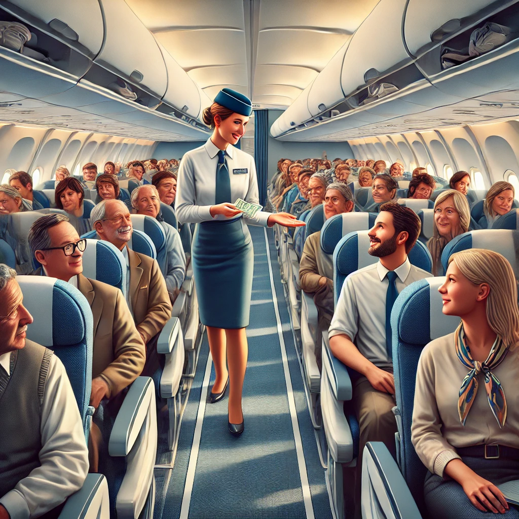 A detailed image of an aircraft cabin full of passengers, seated in rows, with a cabin crew member standing in the aisle. The passengers are a diverse