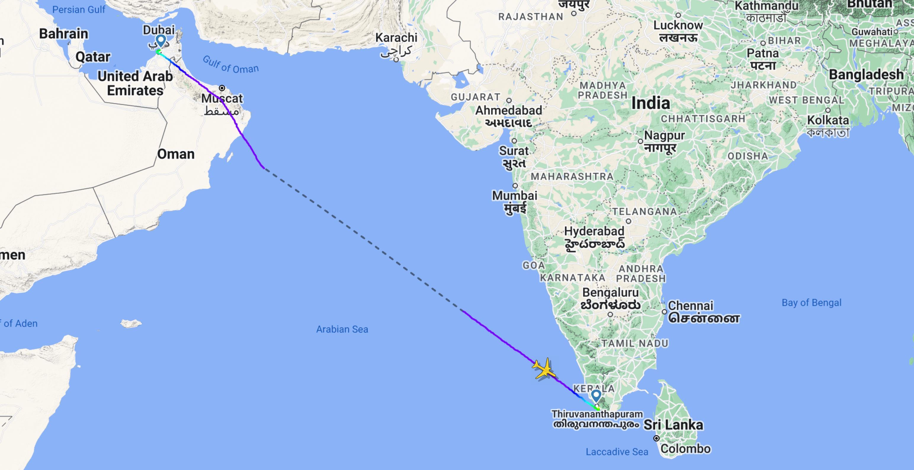 Emirates Dubai - Thiruvananthapuram flight map