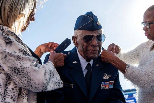 Lt Col James H Harvey III (Tuskegee Airman) receives honorary prmotion tp full-bird Colonel