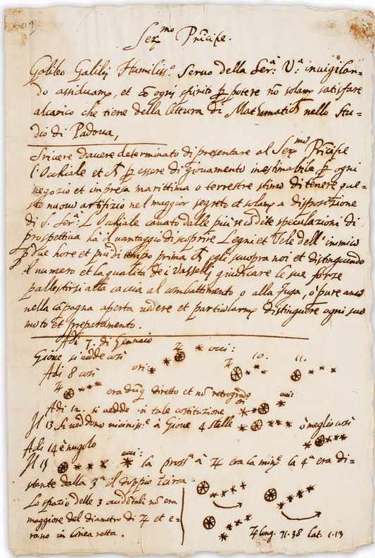 Photo of Galileo's notes and sketches as he observed Jupiter's moons