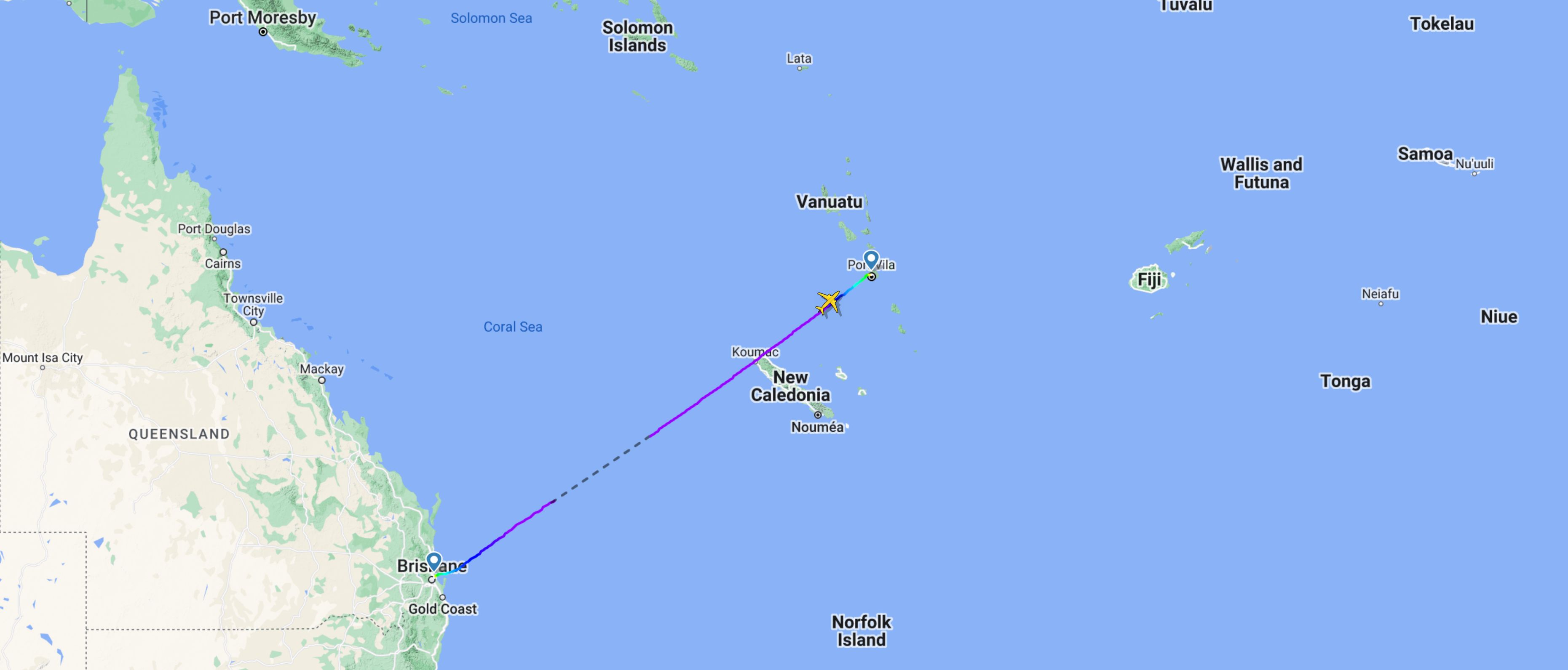 Qantas 737-800 First Flight BNE-VLI Vanuatu flight map