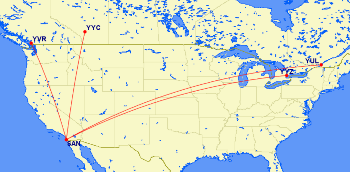 San Diego's route network to Canada in September