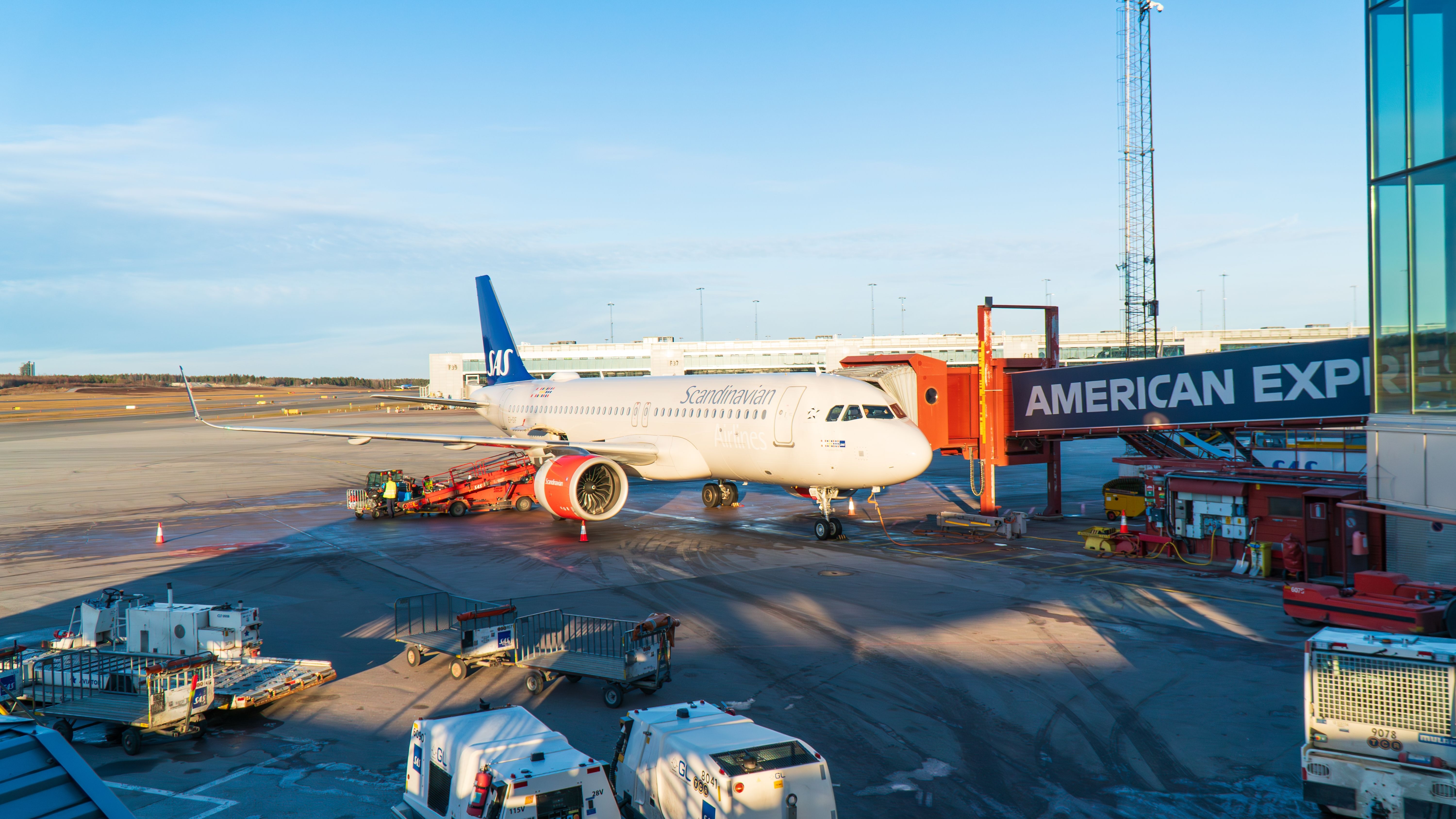 SAS Airbus A320neo parked at Stockholm Arlanda Airport ARN shutterstock_2440164325