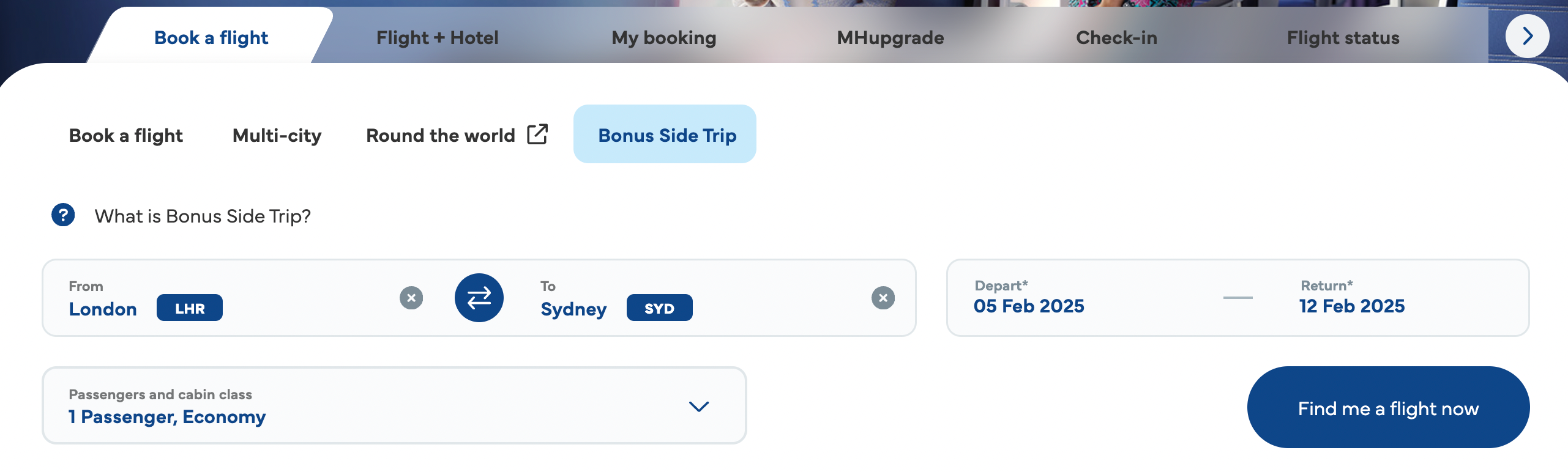 Malaysia Airlines Bonus Side Trip booking page