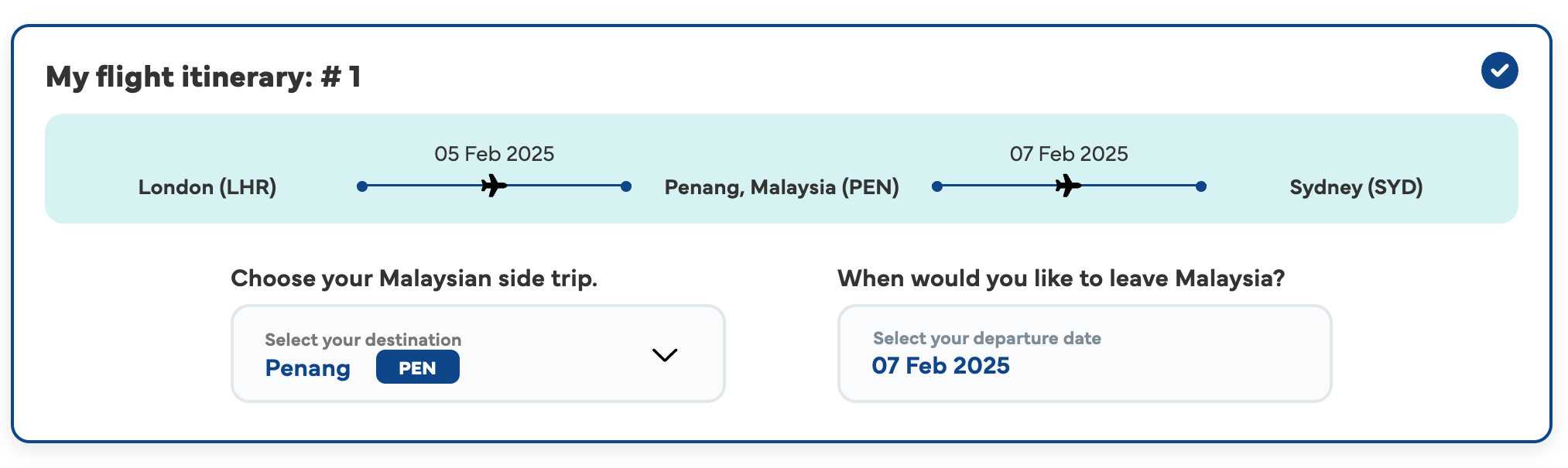 Malaysia Airlines Bonus Side Trip domestic flight selection