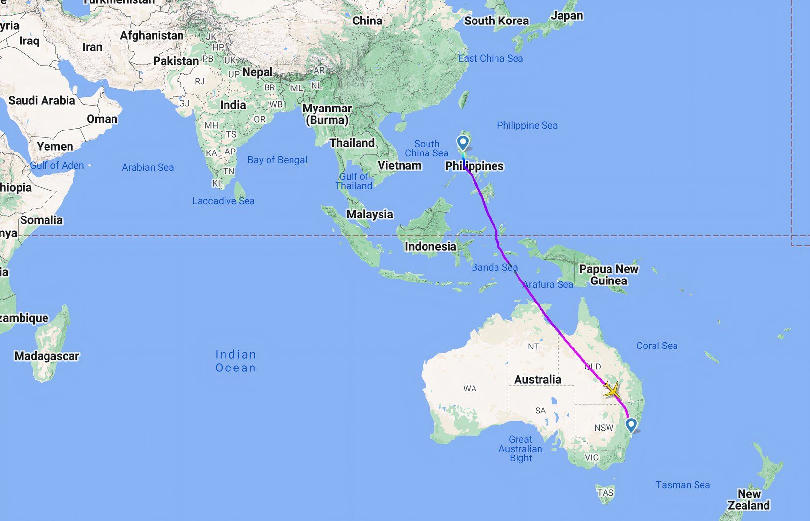 Cebu Pacific Manila - Sydney flight 5J39 flight path map