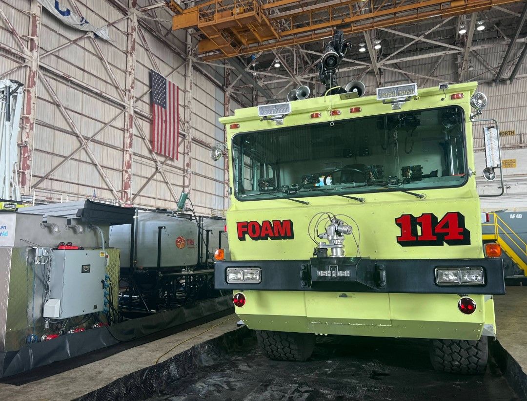 An aircraft rescue firefighting response (ARFF) truck completes rinsing and transition from Aqueous Film Forming Foam (AFFF) to Fluorine-Free Foam (F3) at Los Angeles International Airport