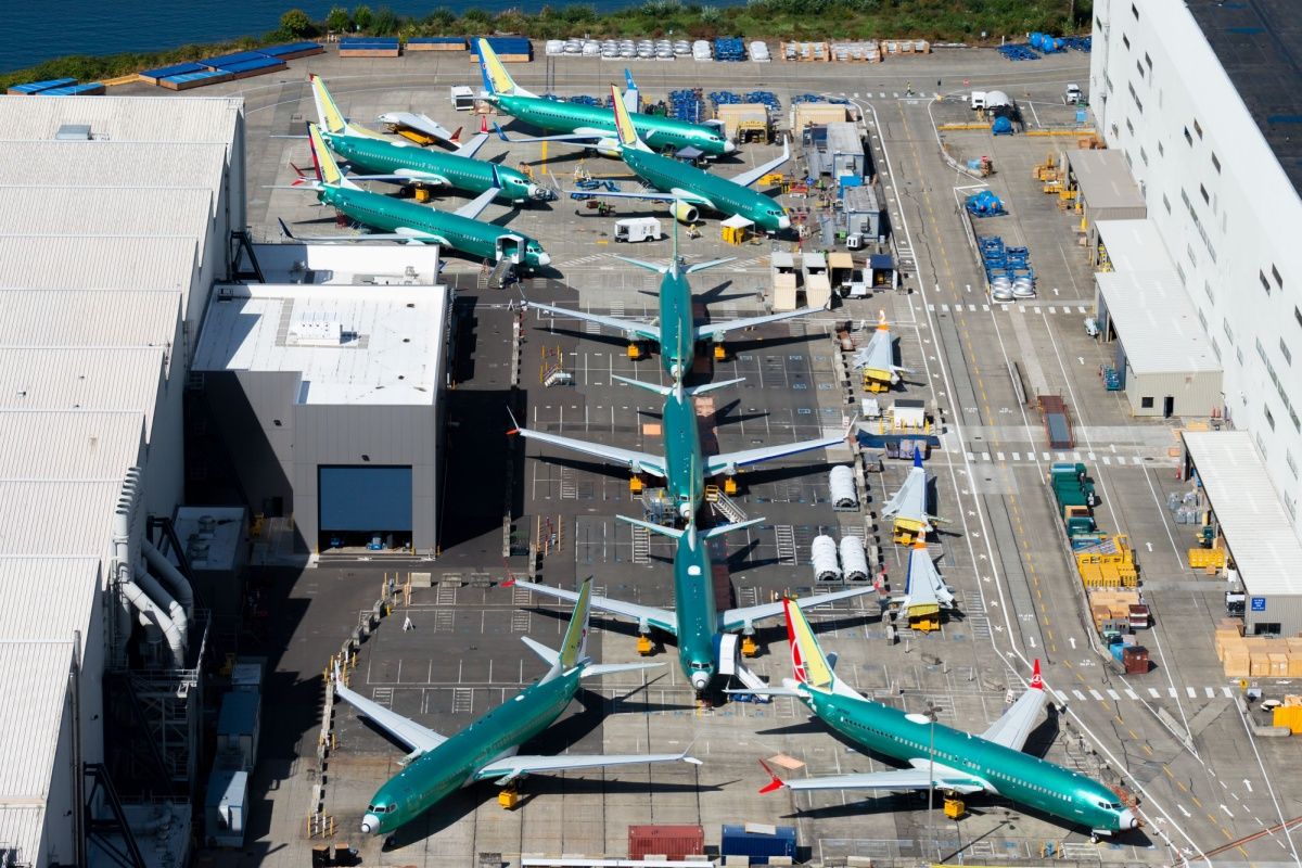 Multiple Boeing 737 MAX and NG parked outside the company factory at Renton Airport.