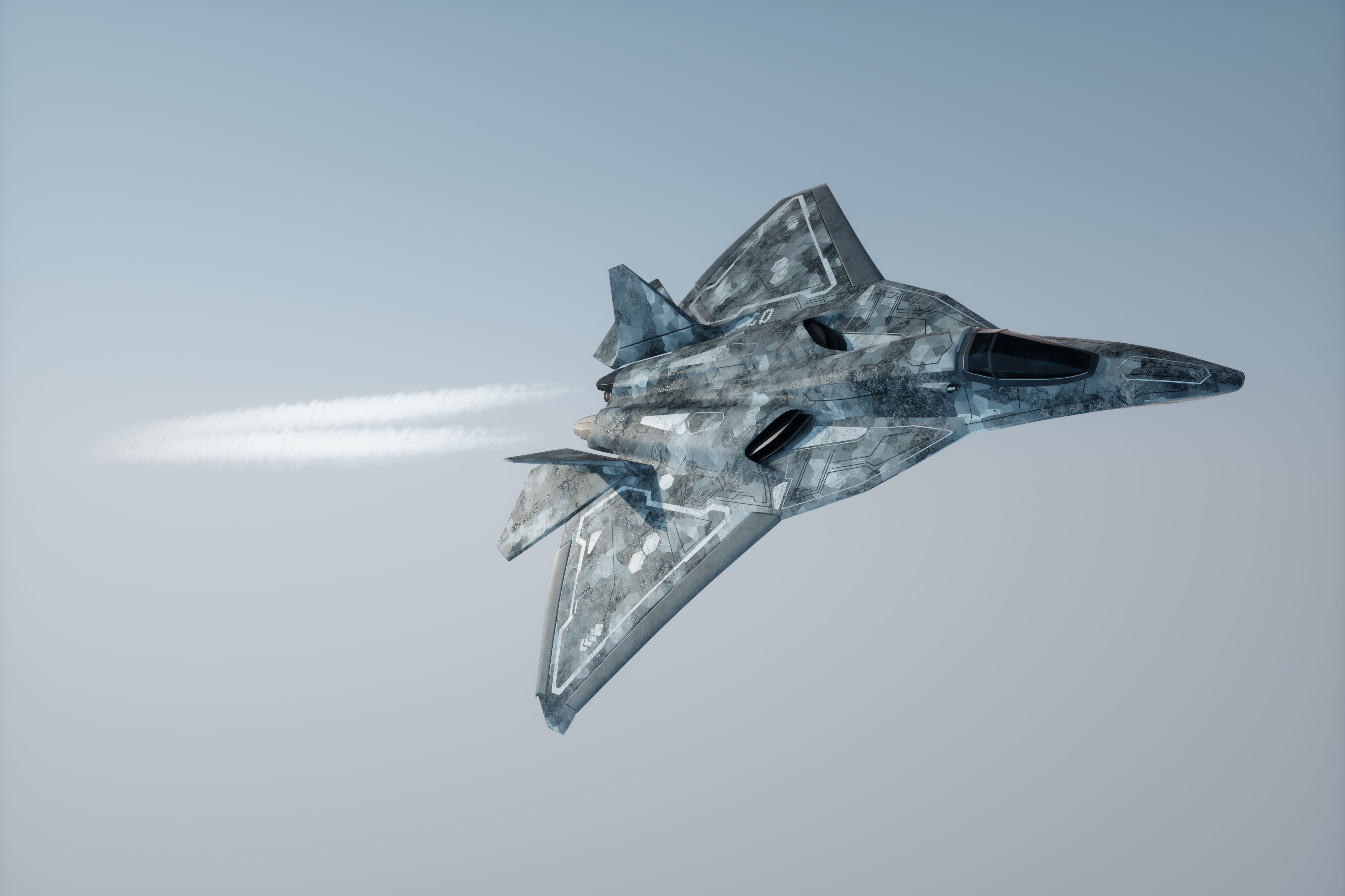 shutterstock_2216574751 - 3D render of Modern Combat Aircraft, 5th or 6th generation fighter in the sky. 