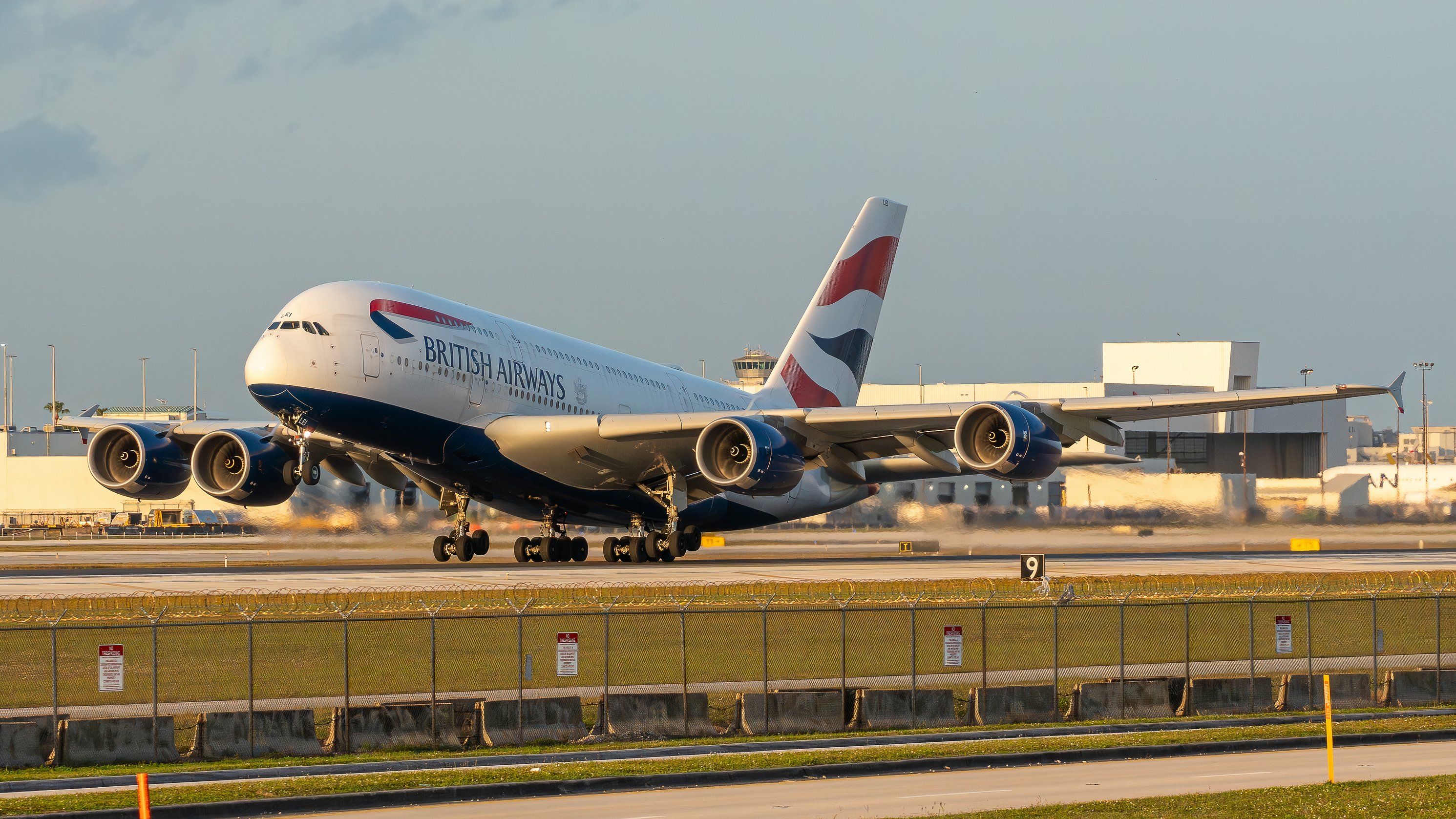 A British Airways A380 taking off from runway 27 at Miami International Airport bound for London, Saturday, March 23, 2024