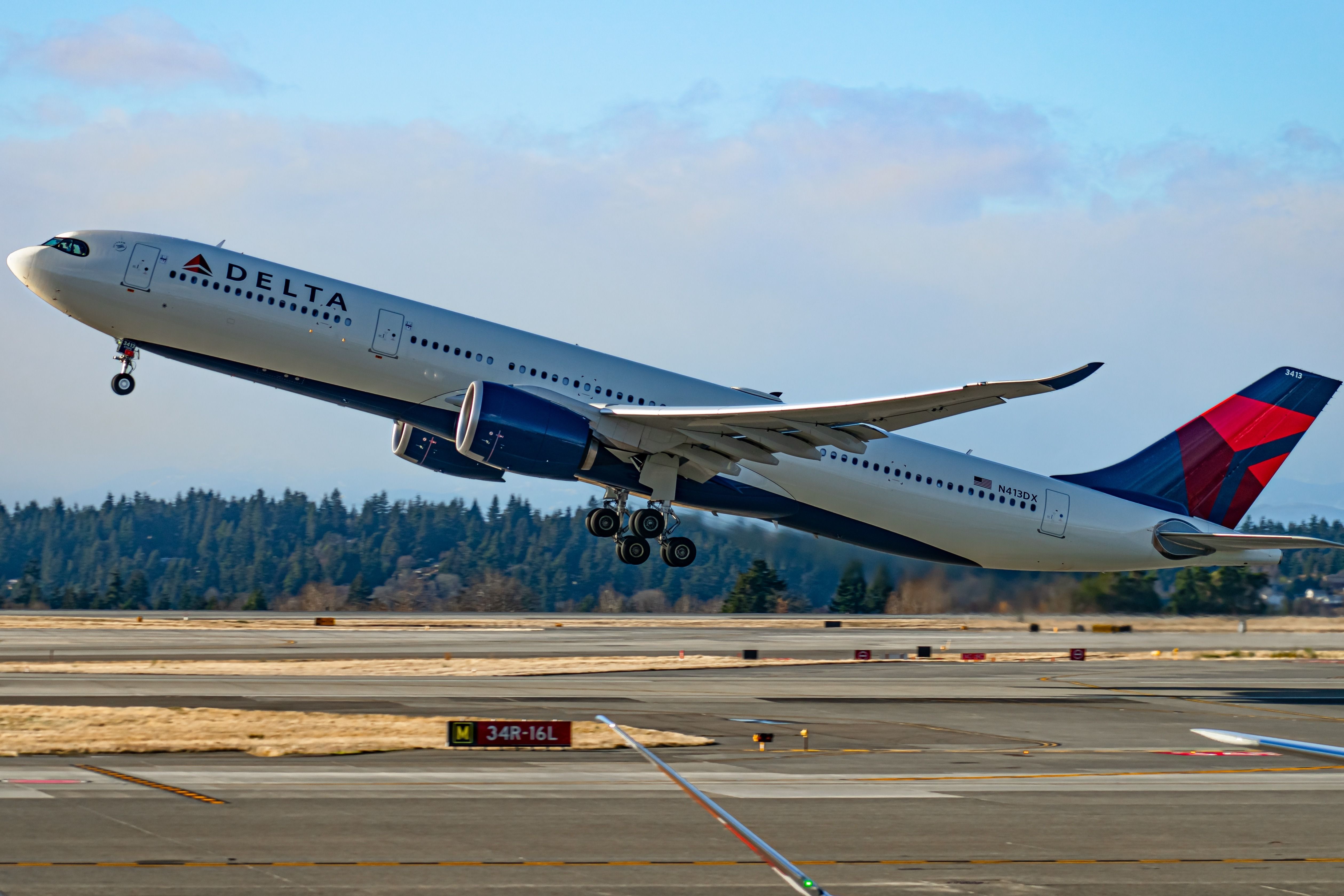 Delta Air Lines Airbus A330-900neo taking off (N413DX) from Seattle-Tacoma International Airport.