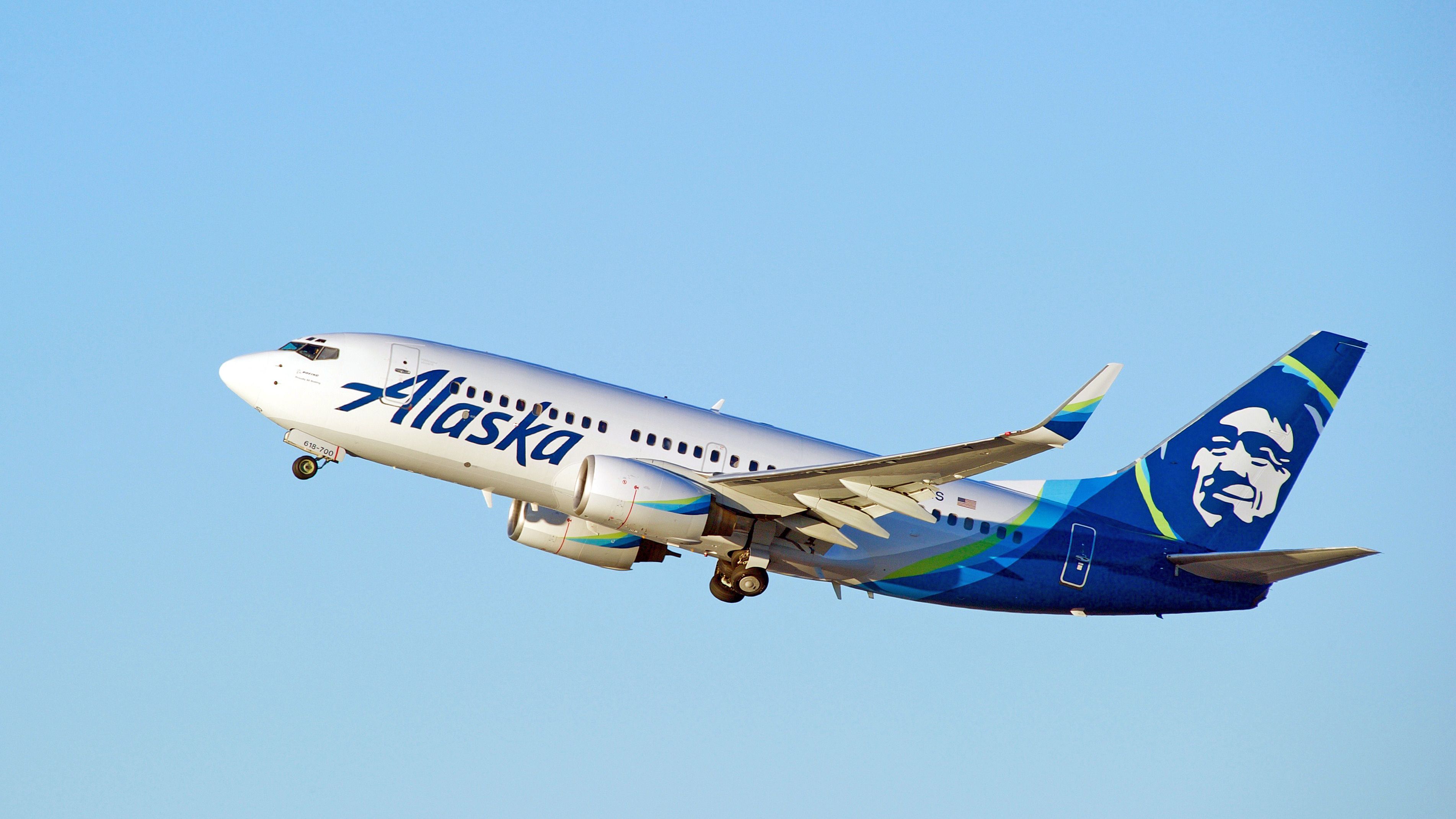 An Alaska Airlines plane taking off