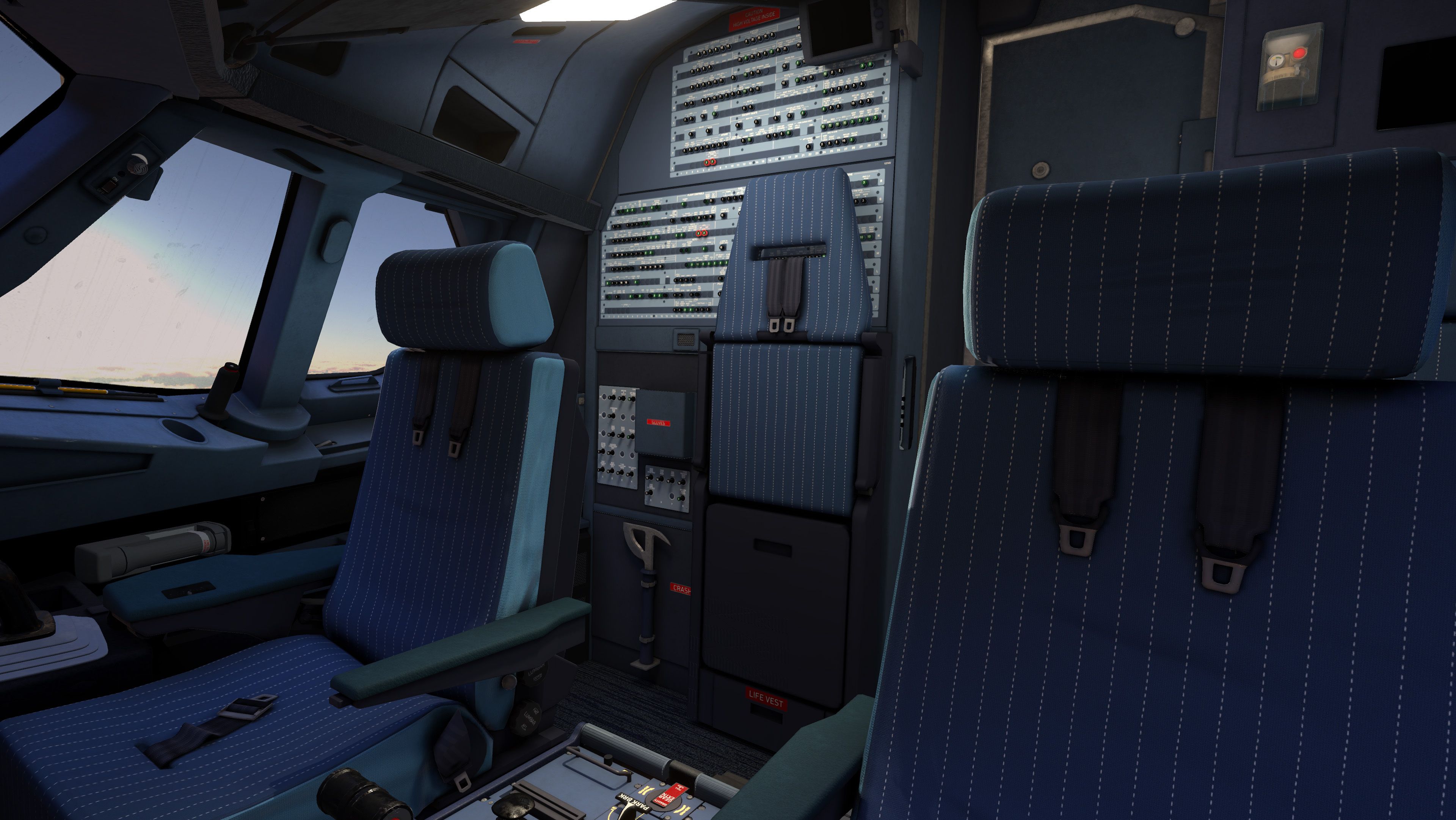 A rendering of an Airbus A320 flight deck with the center jumpseat in view.