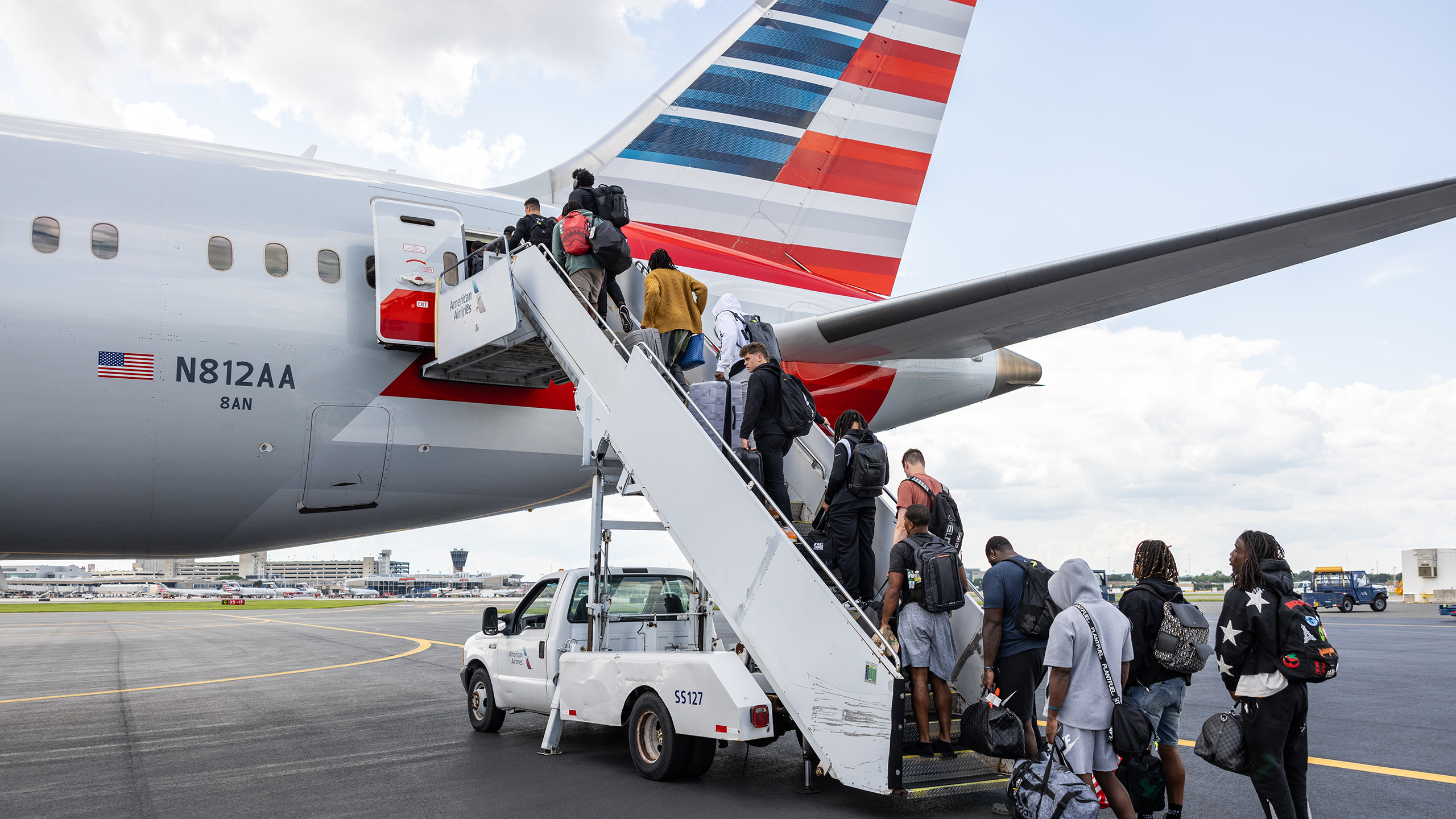 The Eagles boarding an American Airlines 777 charter for their 2024 season opener in Sao Paulo.