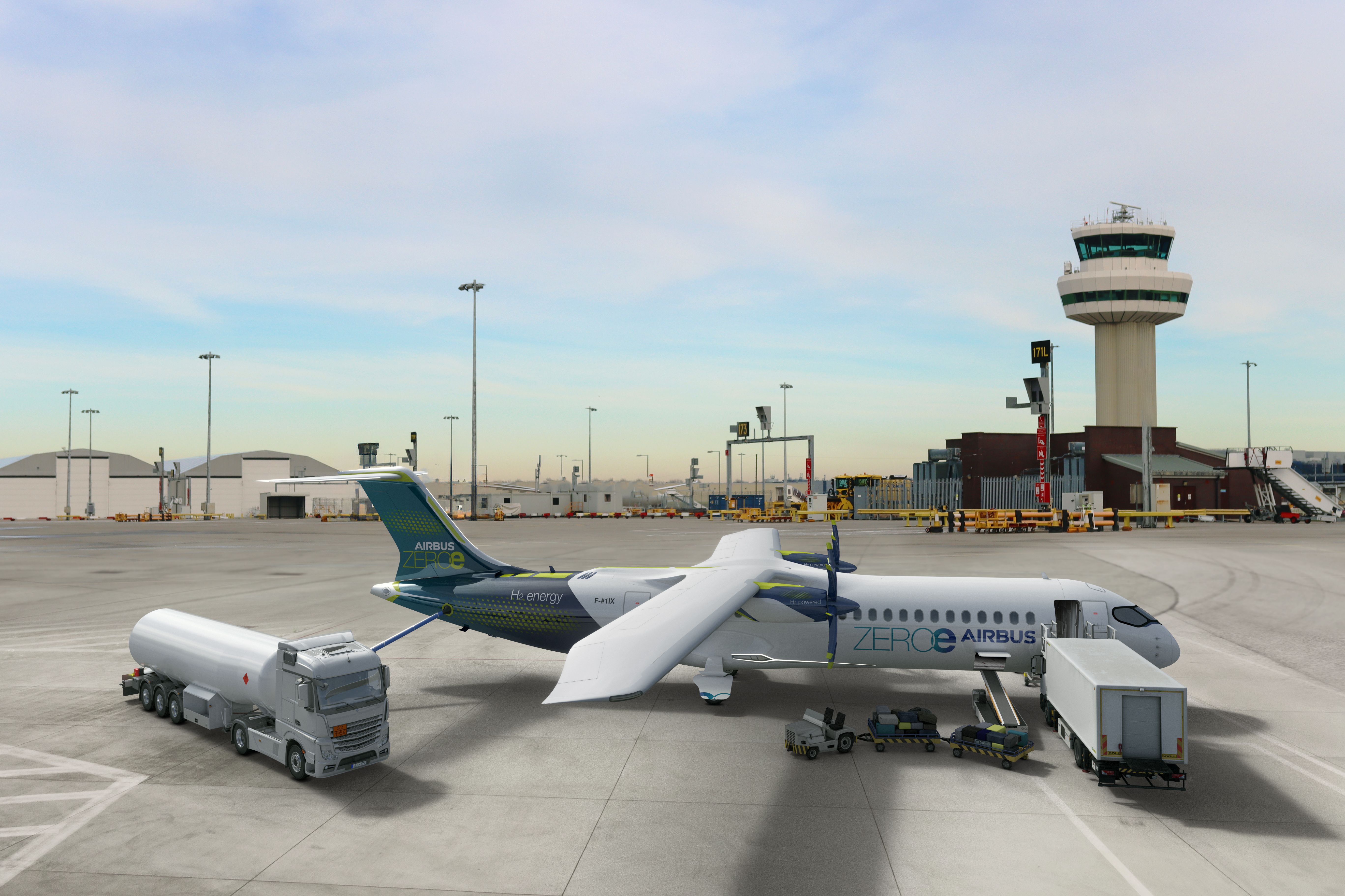 ZEROe at London Gatwick Airport - Hydrogen Hub at airport_AI-TURBOPROP_WHITE_TRUCK_REFUEL_WITHOUT_MERCEDES_LOGO