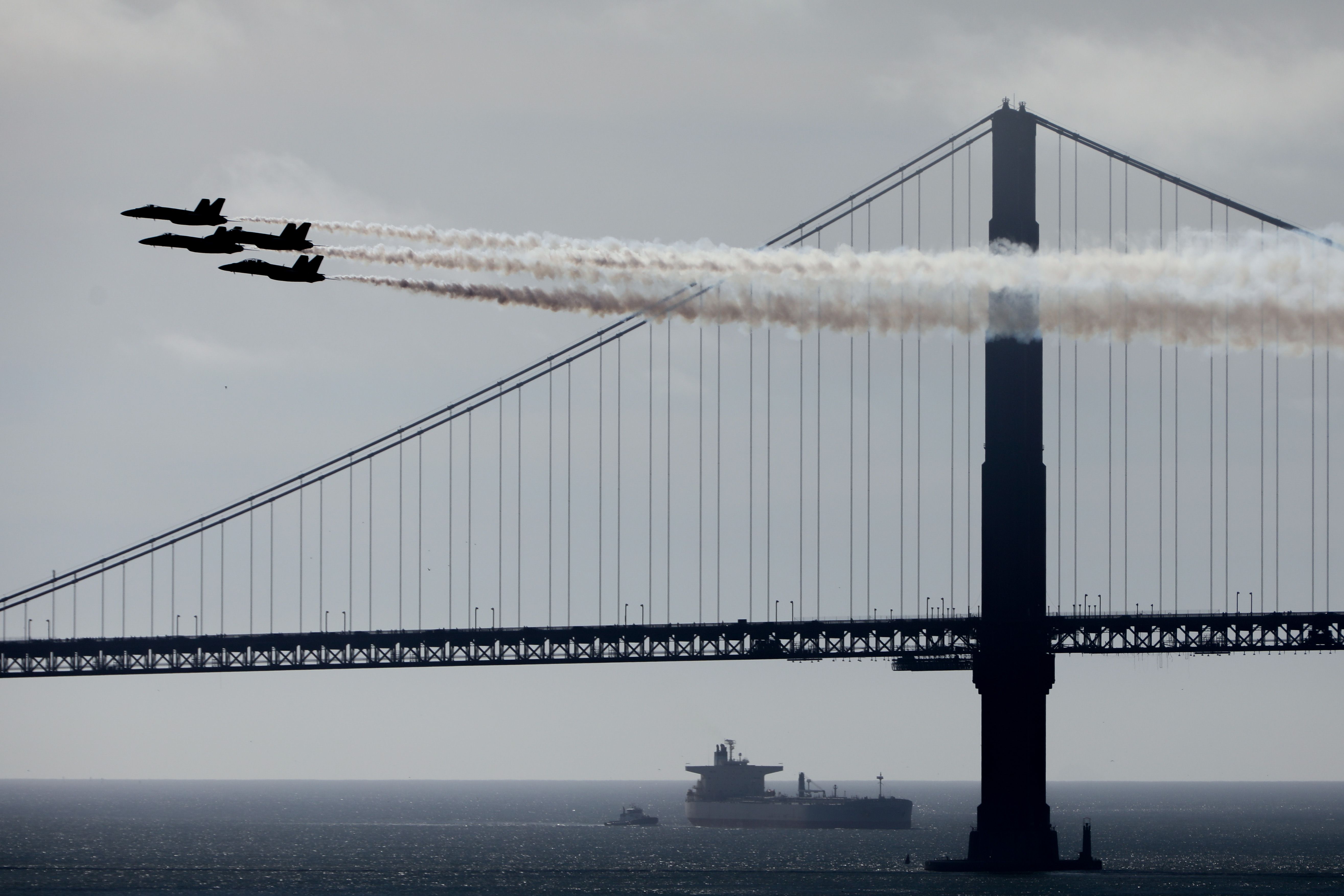 The U.S. Navy Blue Angels Flight Demonstration Team fly over San Francisco during San Francisco Fleet Week Oct. 11, 2024.