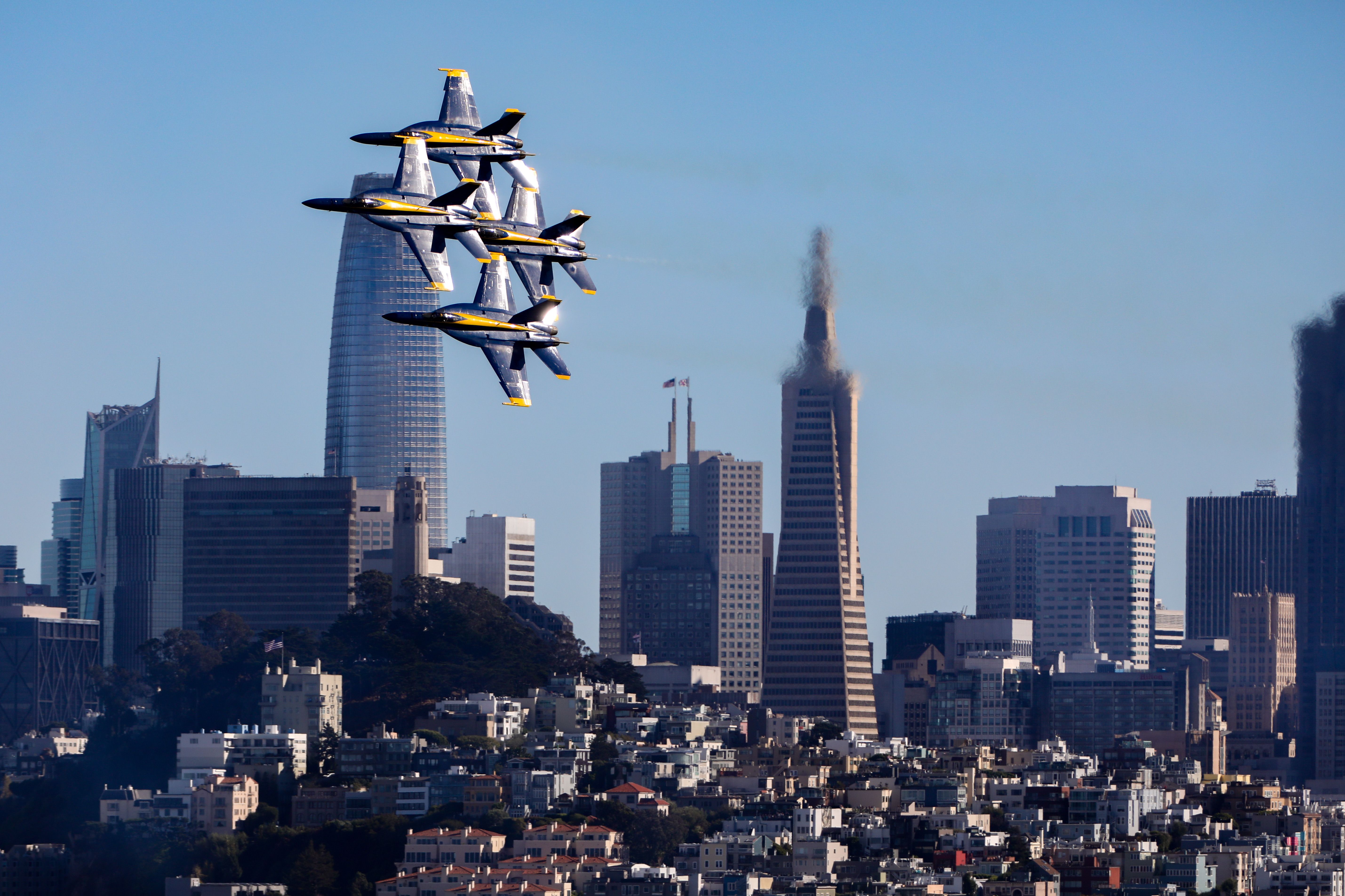 The U.S. Navy Blue Angels Flight Demonstration Team fly over San Francisco during San Francisco Fleet Week Oct. 11, 2024.