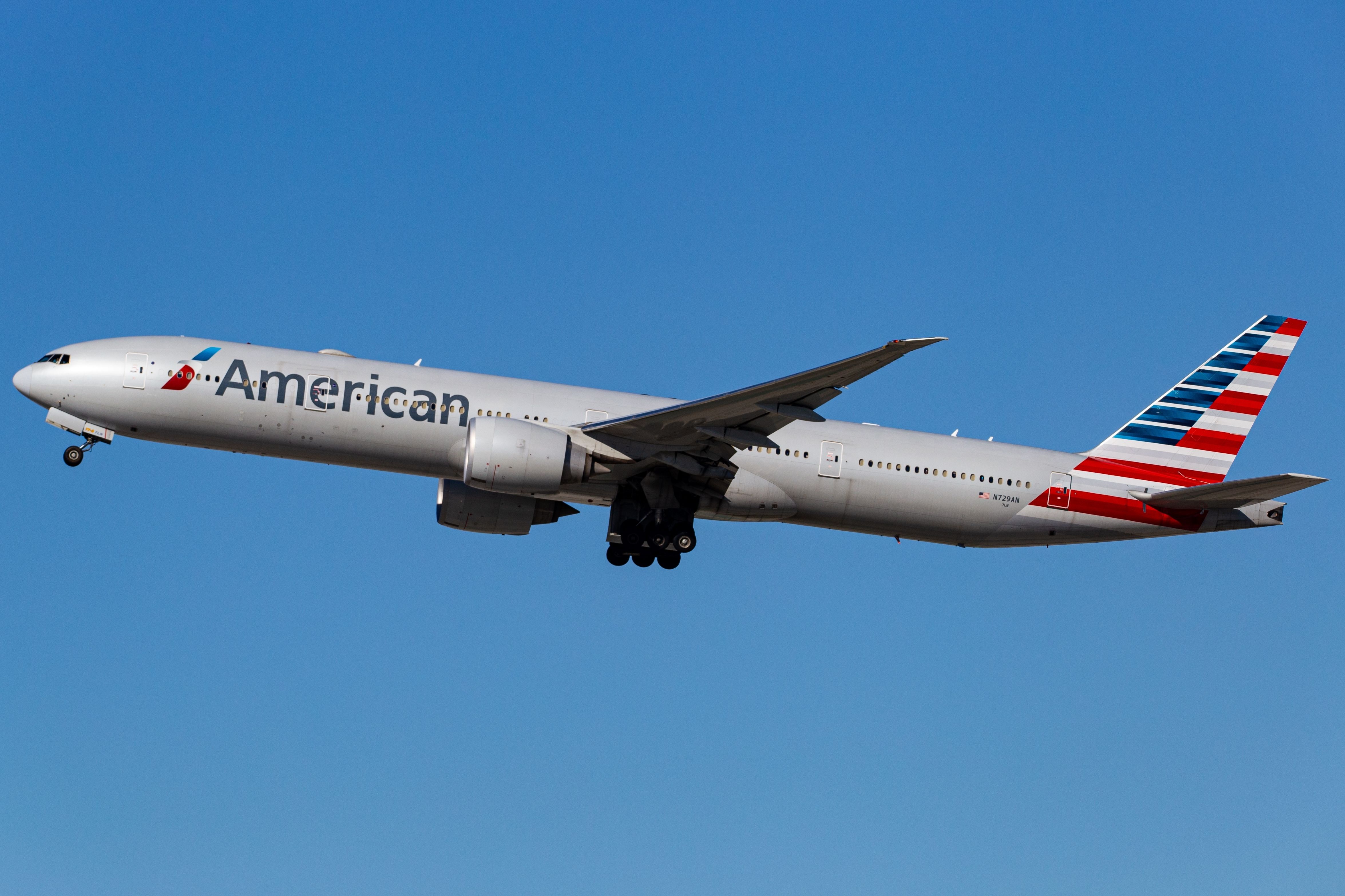 American Airlines Boeing 777-300ER departing LAX shutterstock_2475364085