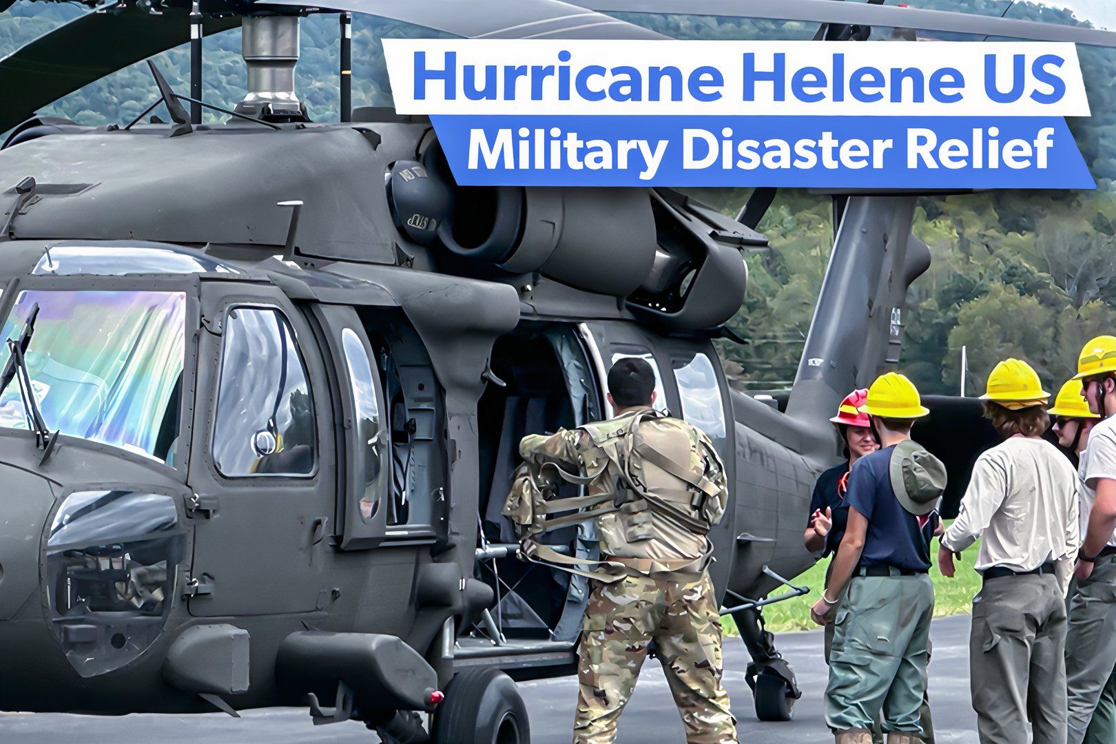 Disaster relief personnel standing next to a Blackhawk helicopter.