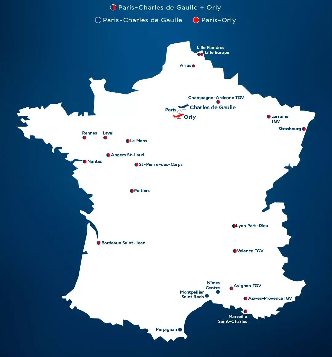 Route map by train in France SNCF from Paris