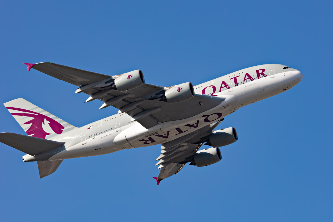 Qatar Airways Airbus A380 flying in the sky.