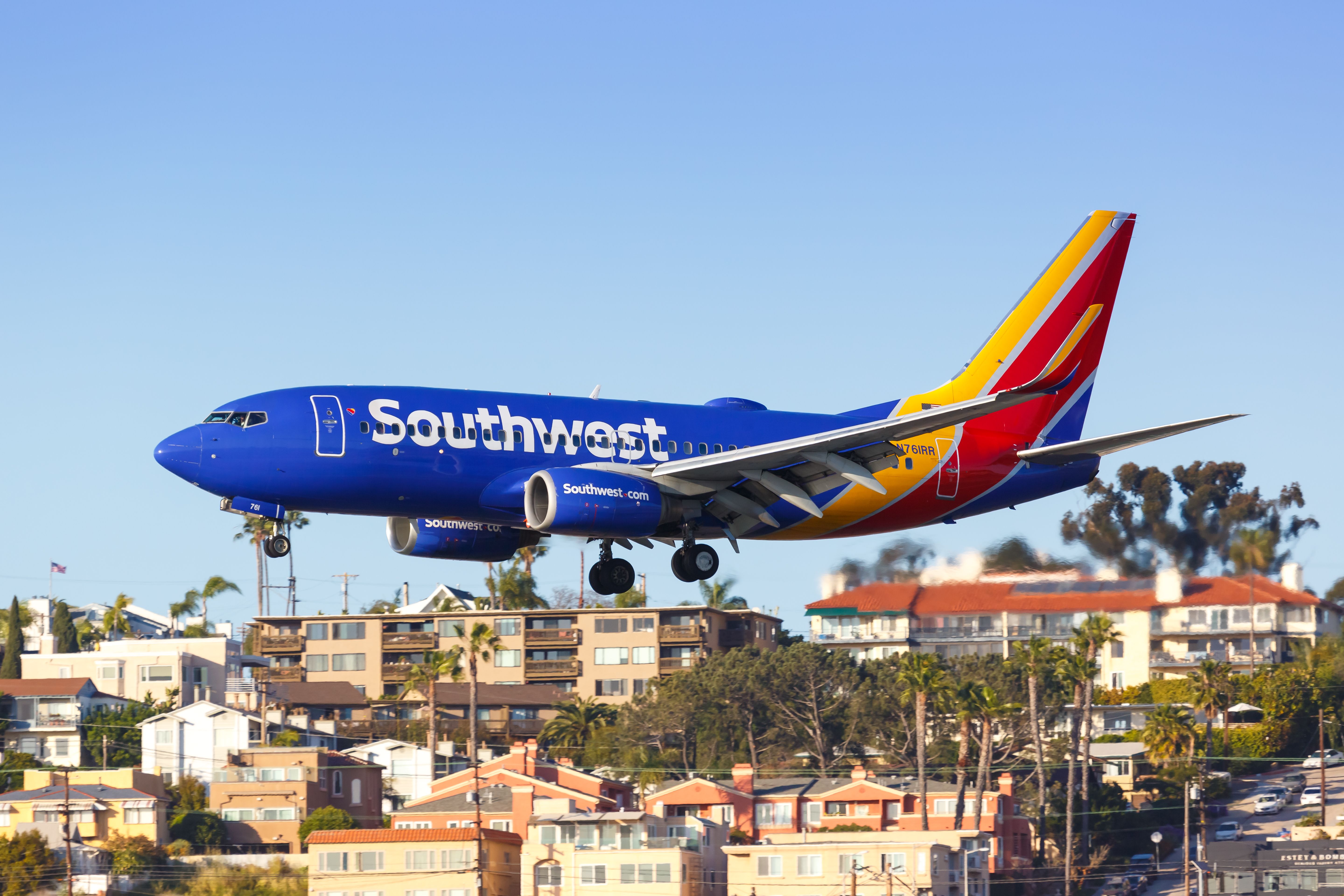 Southwest Airlines Boeing 737-700 on approach at San Diego International Airport.