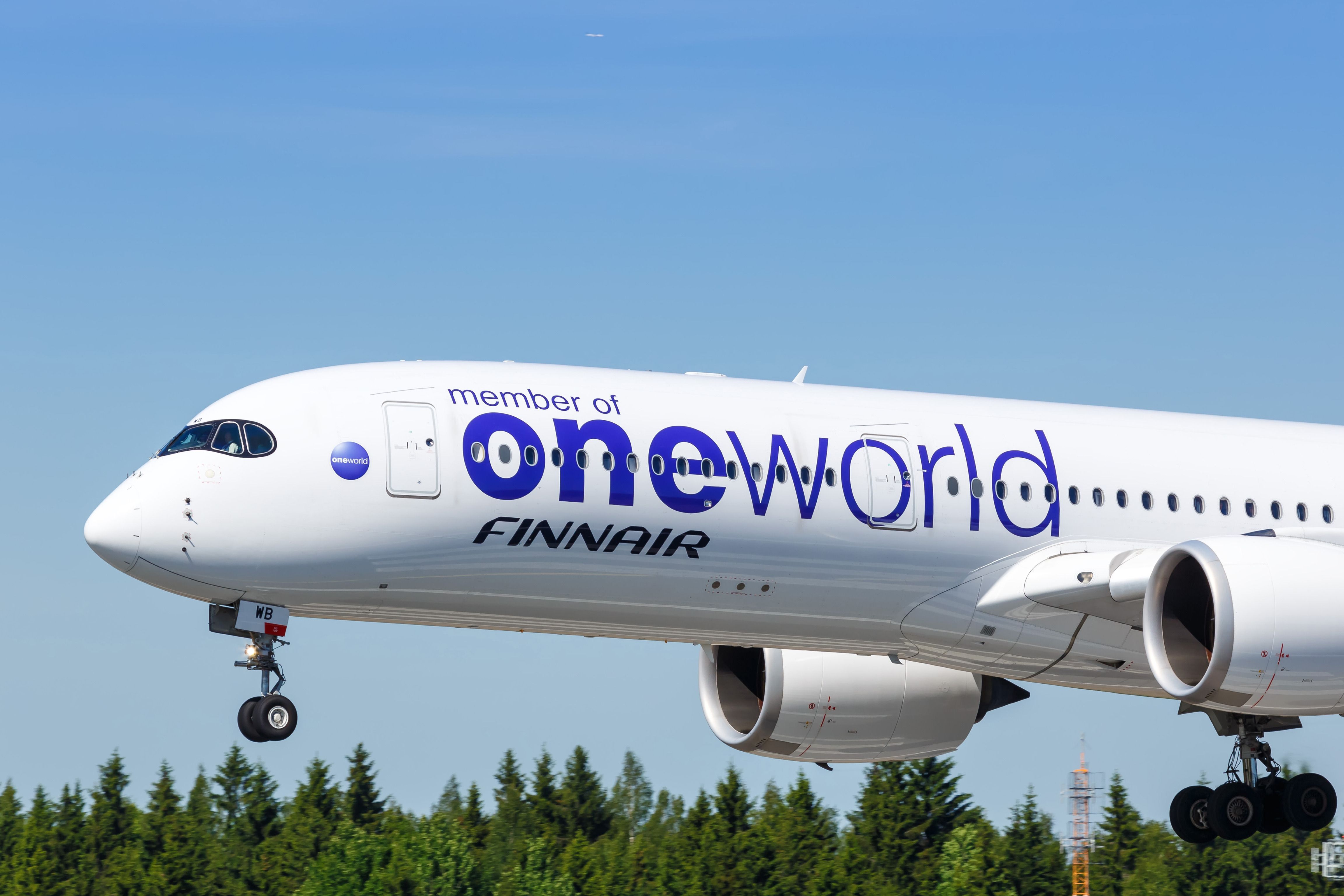  A Finnair Airbus A350 airplane with the Oneworld alliance livery landing at Helsinki airport